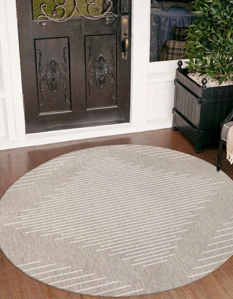 Rugs.com Outdoor Modern Collection Rug – 4' Round Gray Flatweave Rug Perfect for Kitchens, Dining Rooms