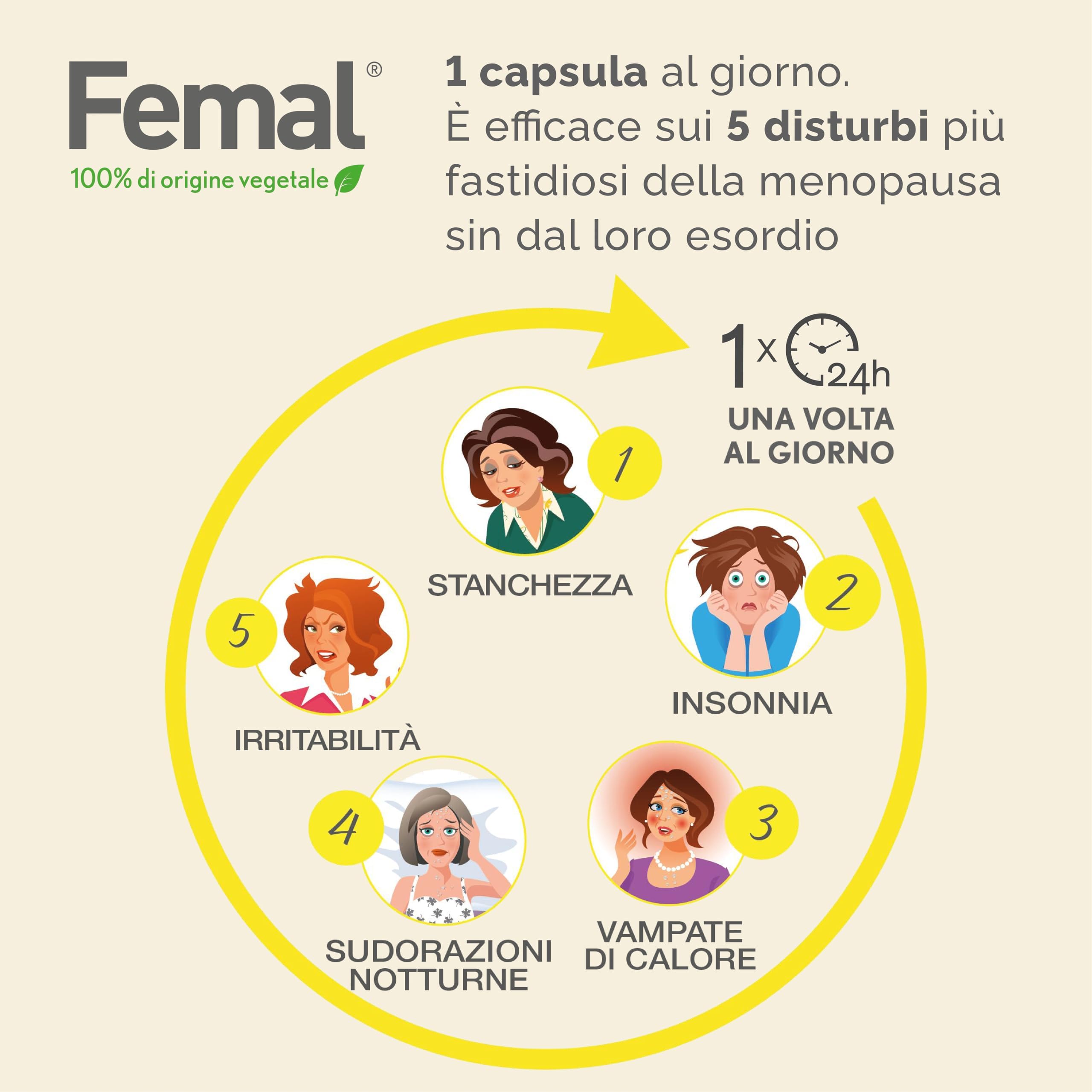 Femal Menopausa 60 Capsule 2 Mesi di utilizzo, Integratore Naturale Non Ormonale per Vampate, Sbalzi d'Umore, Disturbi Sonno, Sudorazioni Notturne e Stanchezza, Estratto Polline e Vitamina E
