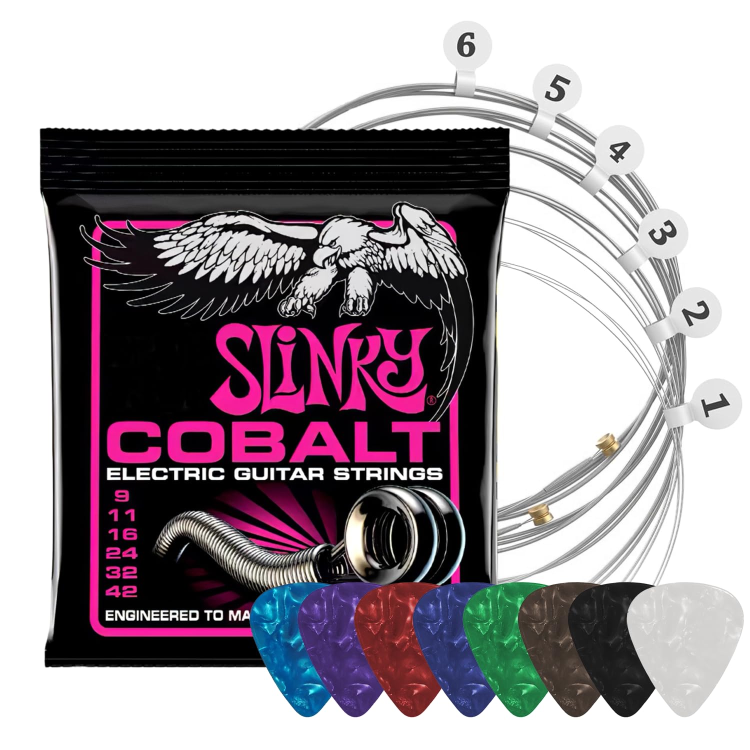CoolShef Electric Guitar Strings Set for 6-String, Nickel Plated Steel (09-42), 1 Set with 8 Picks, Bright Tone Round Wound Guitar Strings Set Electric