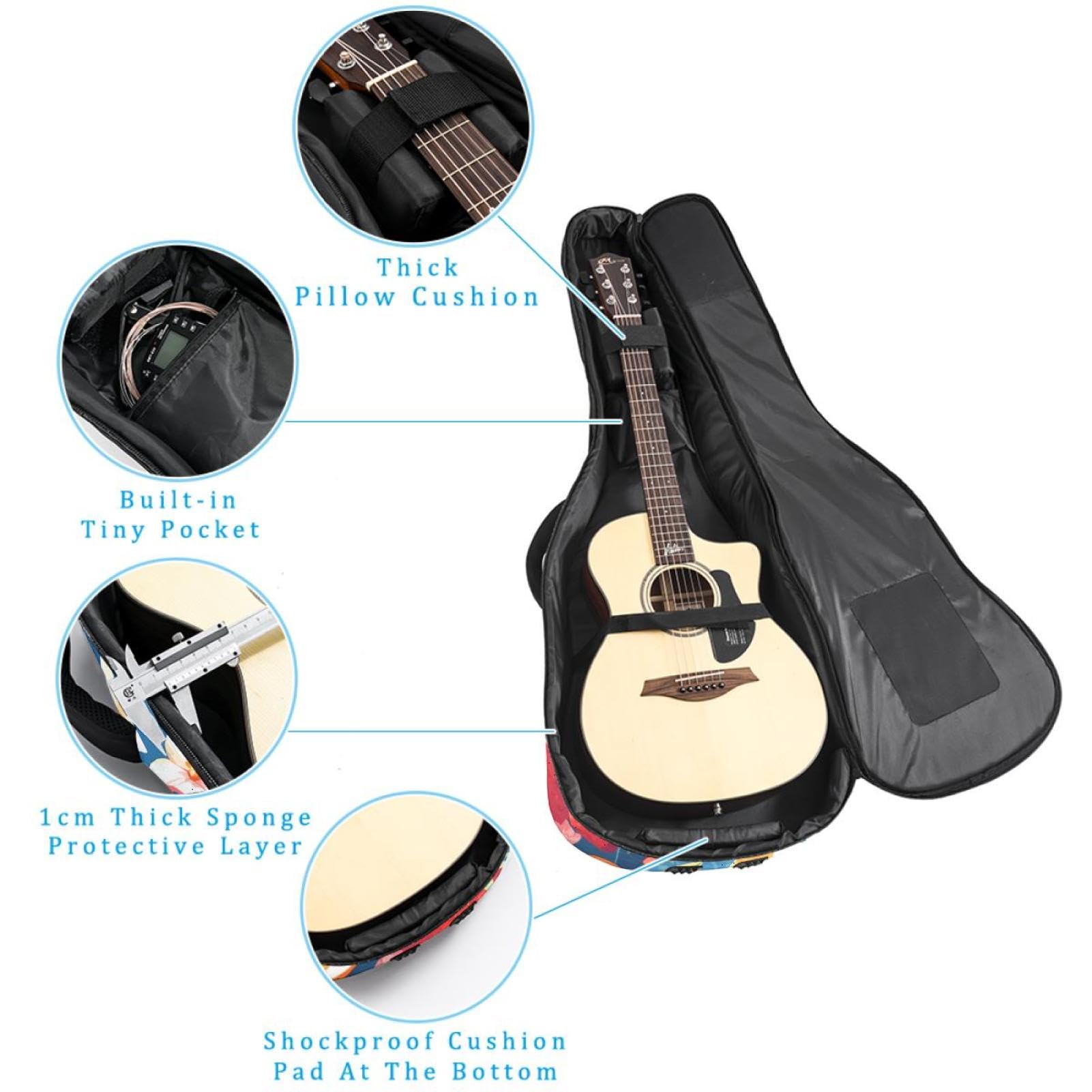 NUEAHEDN Cartoon Fruit Guitar Bag 40 41 42 In 2 Pockets Guitar Case Waterproof Guitar Case Resistent Oxford Cloth 0.4 In Extra Thick Sponge Padded for Acoustic Guitar