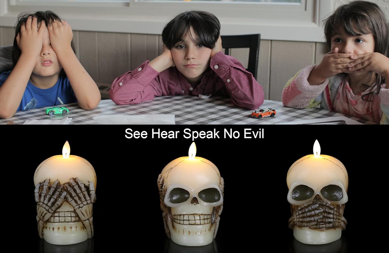 Condition photo showing New/Like New for GenSwin Halloween Flameless Candles Decorations with Remote Timer, Battery Operated LED Candles Flickering Real Wax See No Evil Hear No Evil Speak No Evil Skull Sculptures(Ivory), FKLT-3-DG