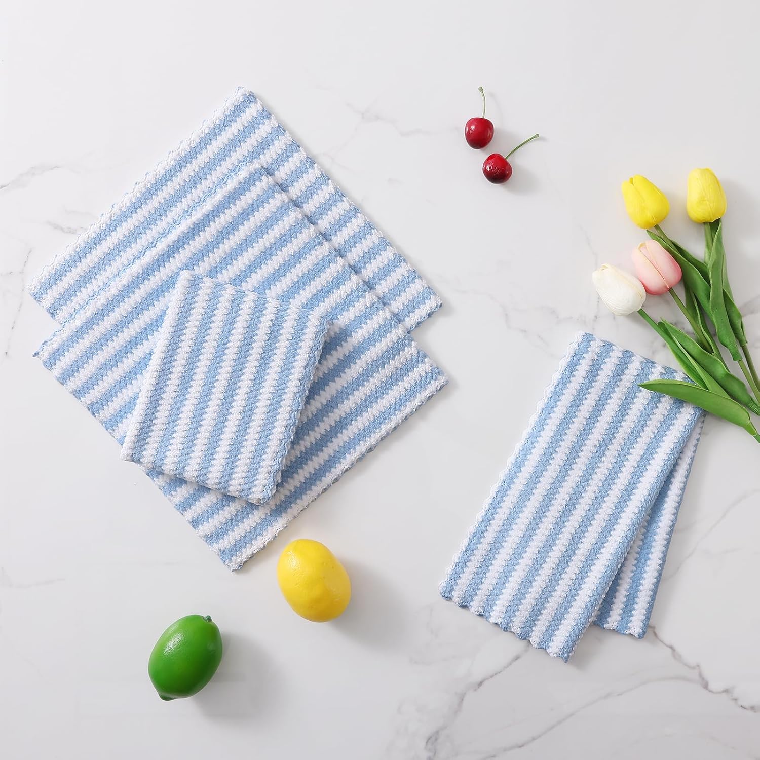 Homaxy 12 Pack Kitchen Dish Cloths, Ultra Soft and Absorbent Dish Towels, Reusable Fast Drying Microfiber Cleaning Cloth, Coral Velvet Wave Design No-lint, 10 x 10 inches, Blue - Image 8