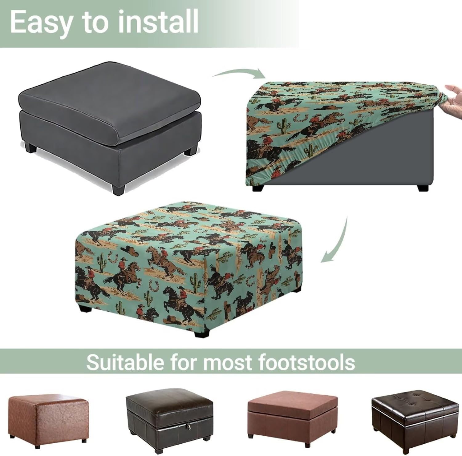 Horse Racing Ottoman Covers Slipcover Square West Cowboy Square Slipcovers for Ottomans Soft Foot Stool Cover with Elastic Bottom for Living Room Decor Fit Length 27"-32"