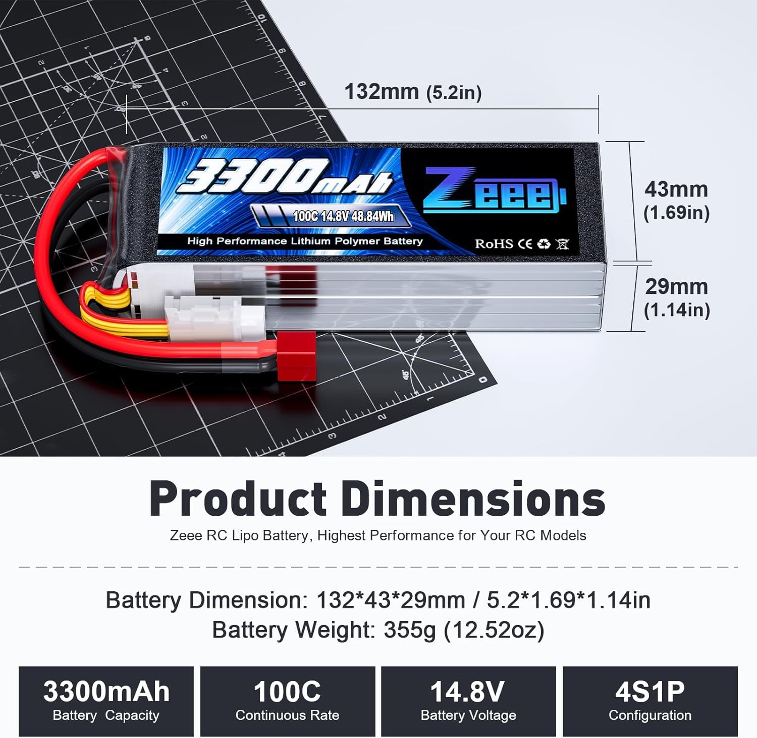 Zeee 4S Lipo 3300mAh 14,8V 100C Softpack RC Akku mit T Stecker(2 Packungen) | RC Batterie für RC-Flugzeug, Hubschrauber, RC-Boot, UAV, Drohne, FPV, RC-Auto, LKW, Boot