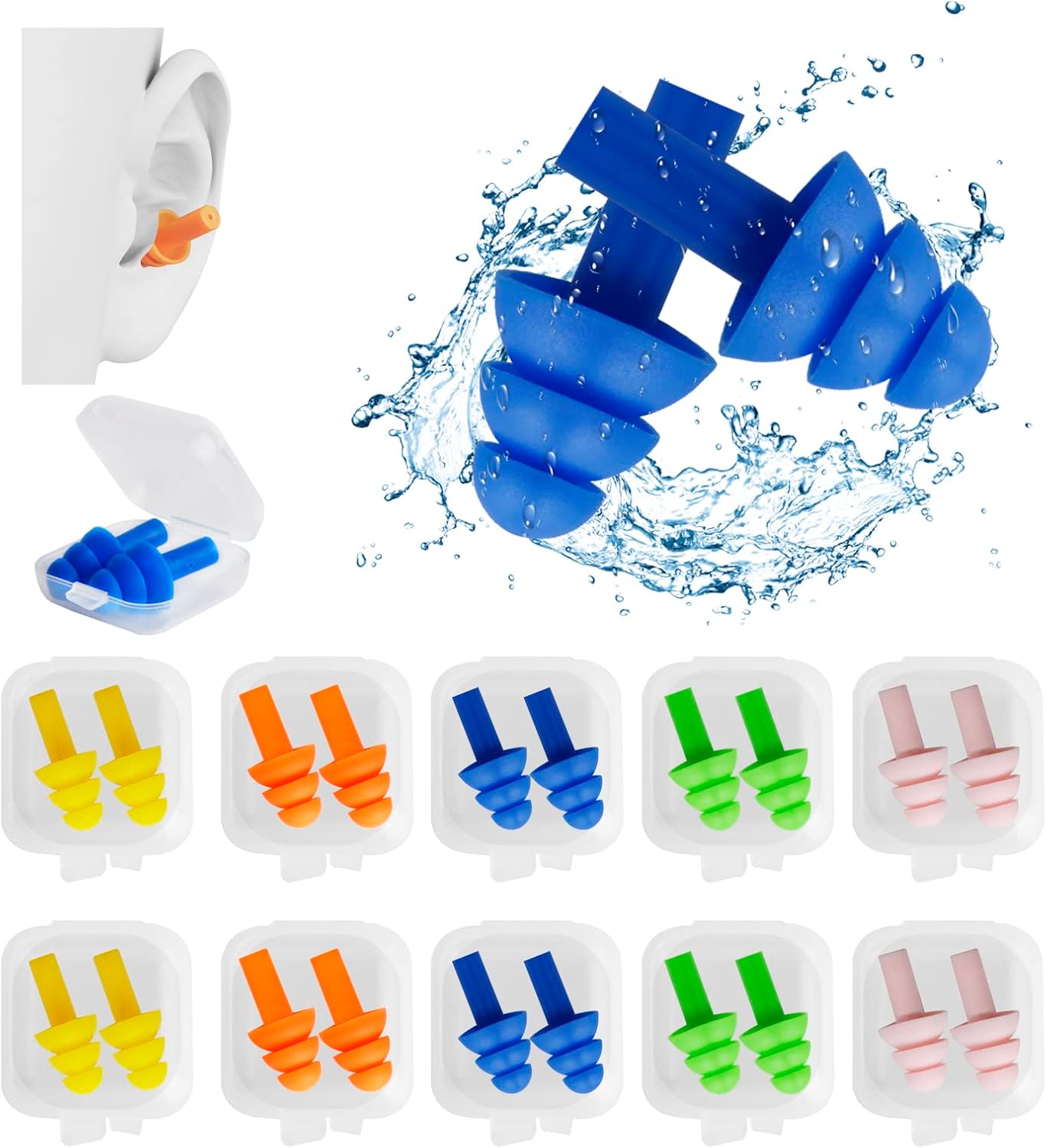 Schwimmende Ohrstöpsel 10 Paar,Silikon Ohrstöpsel für Kinder Erwachsene Wasserdicht 5Farben