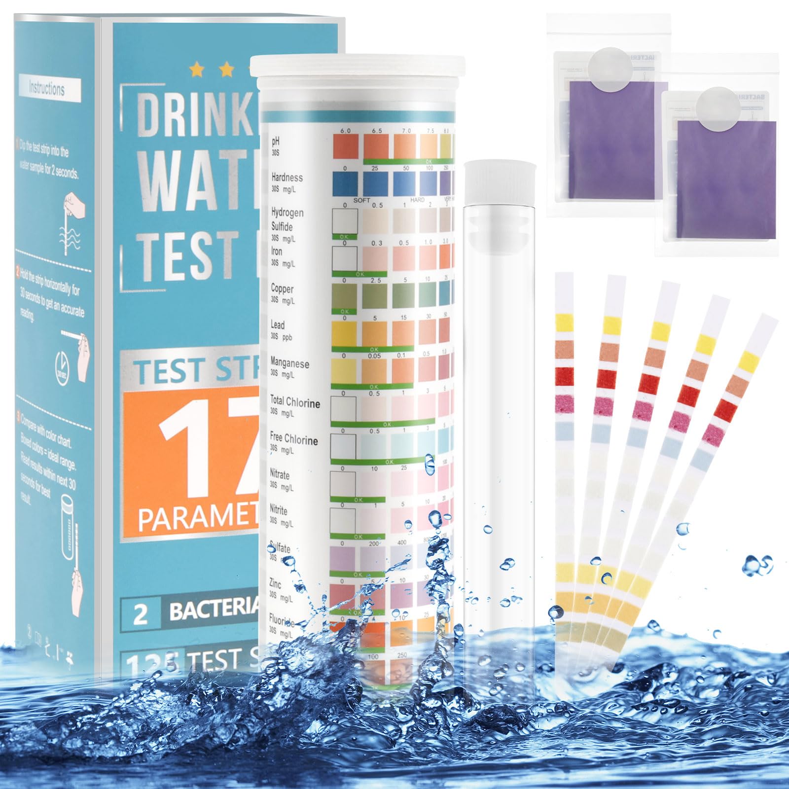 GLMFAN 17 in 1 Water Testing Kits for Drinking Water, Drinking Water Testing Kit 125 Strips, Home Tap and Well Water Test Kit, Water Test Strips for Lead Hardness Iron PH Copper Chlorine Zinc and More
