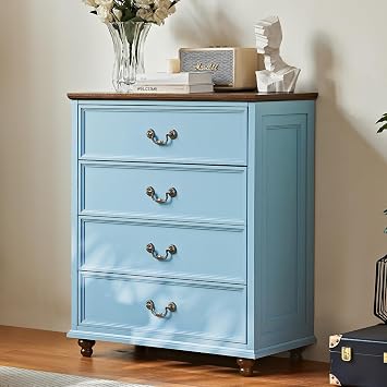 Joaxswe Farmhouse 4 Drawer Dresser for Bedroom, 37" Tall Rustic Chests of Drawers w/ 4 Solid Wood Feet, Mid Century Modern Wooden Closet Storage Dressers Organizer for Living Room, Hallway, LightBlue