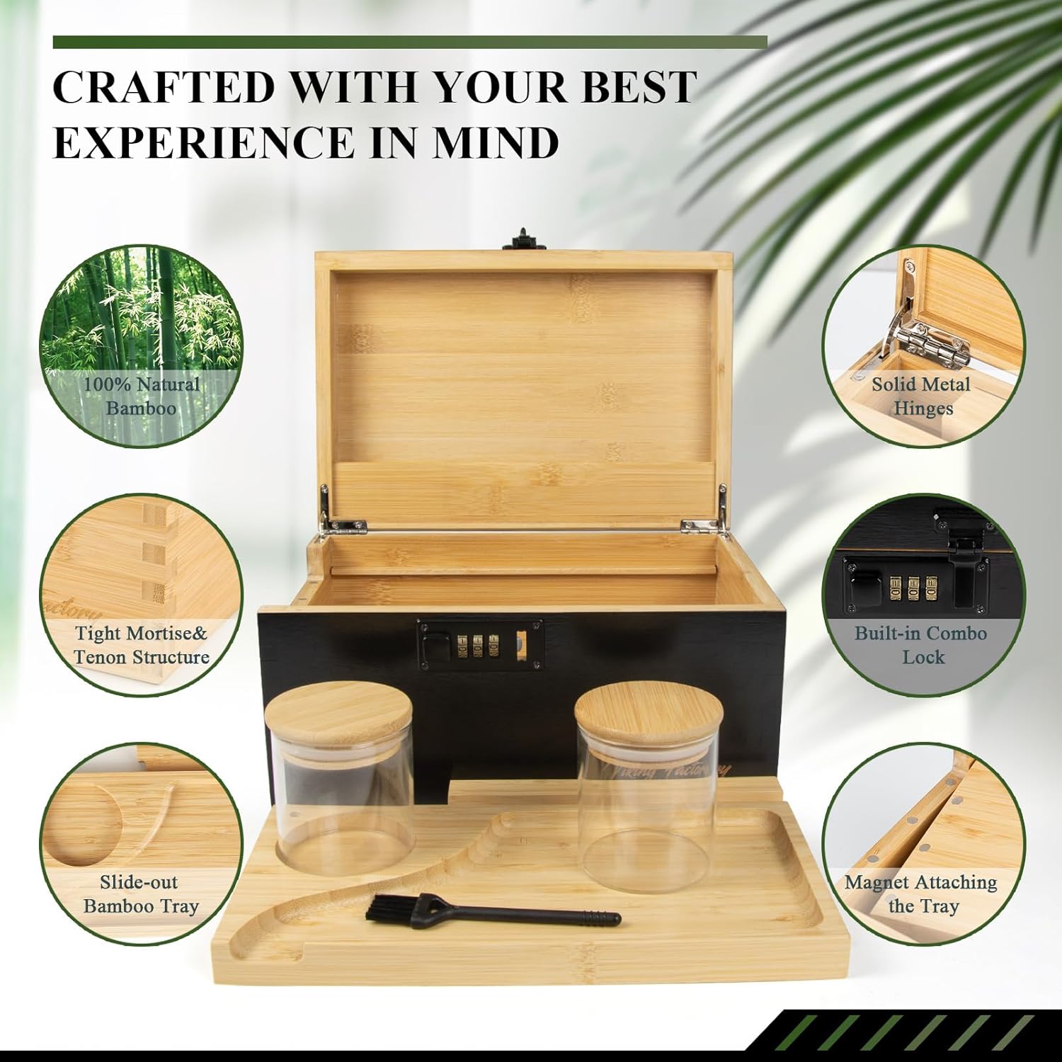 Large Bamboo Storage Box with Combination Lock - Decorative Keepsake Box with Removable Tray & Spice Crusher - Discreet Wood Organizer (10.6 x 7.1 x 5.5 in)(Black)