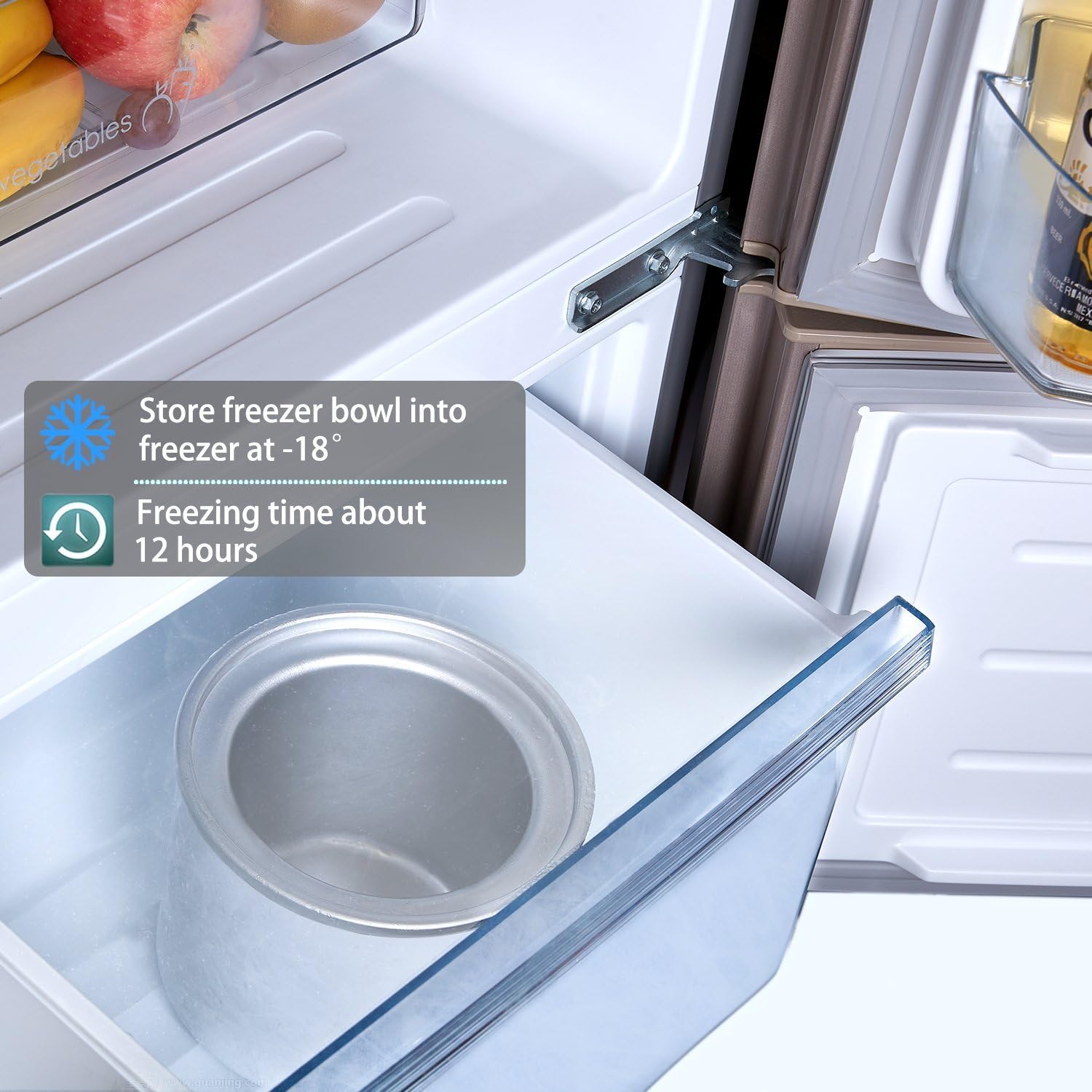 Freezer bowl being placed into a freezer for pre-freezing.