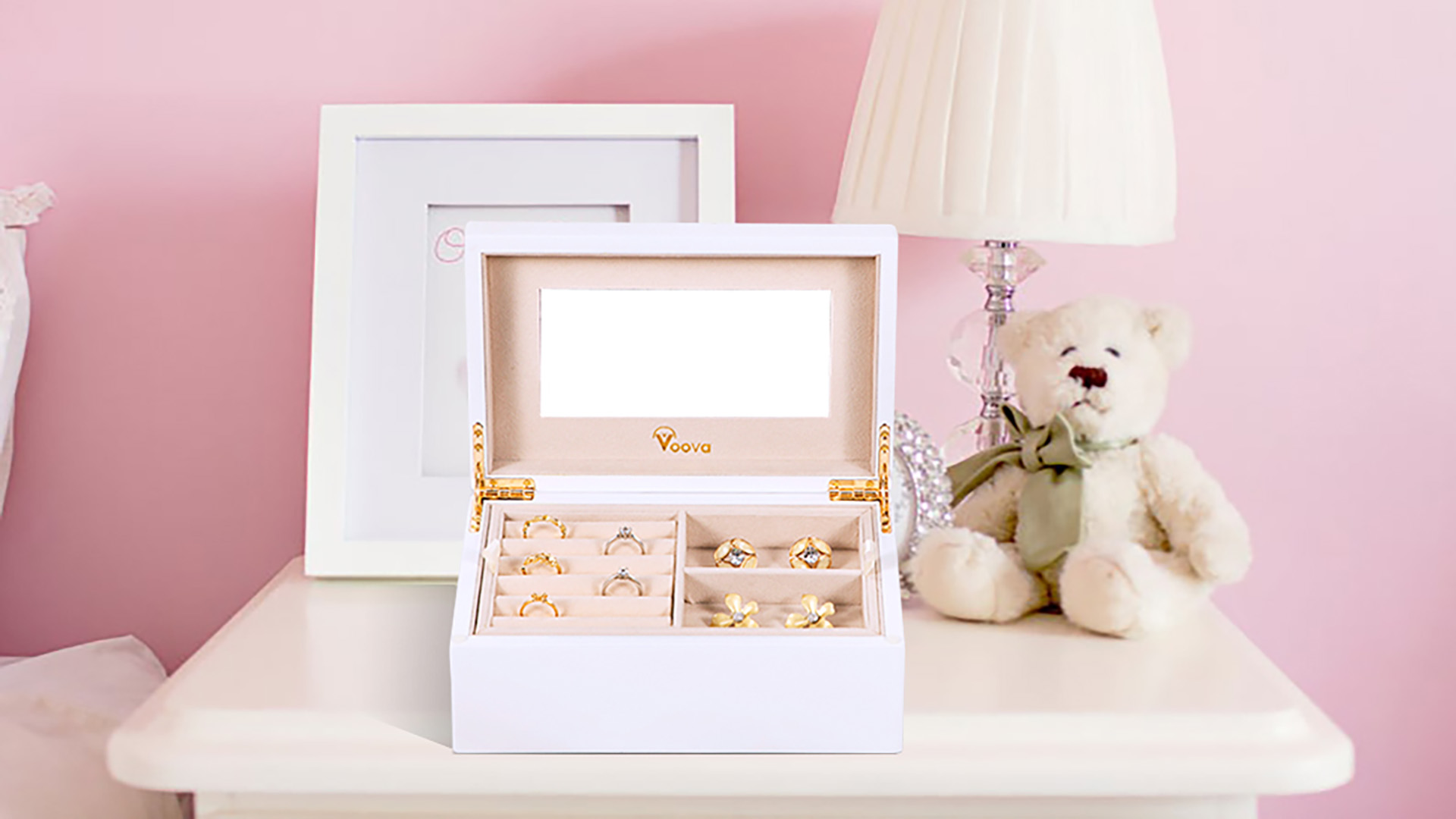 Amazon.com: Voova 2-Layer Wooden Jewelry Box with Mirror, Grey