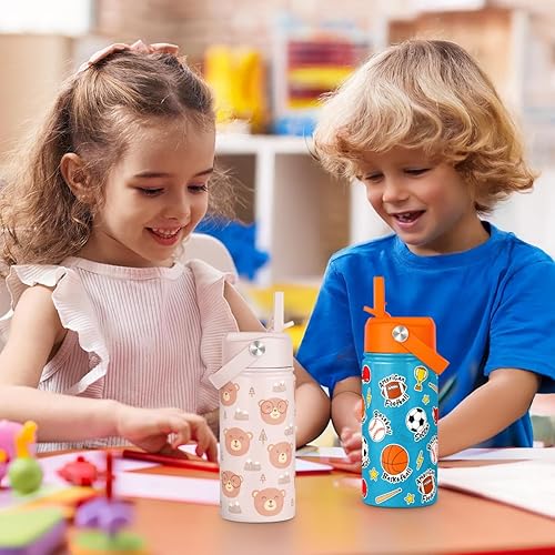 Miniatura 66 de SANDJEST Botella de agua para niños con tapa con pajilla, paquete de 2 botellas de agua aisladas de acero inoxidable de 12 onzas para niñas, taza de