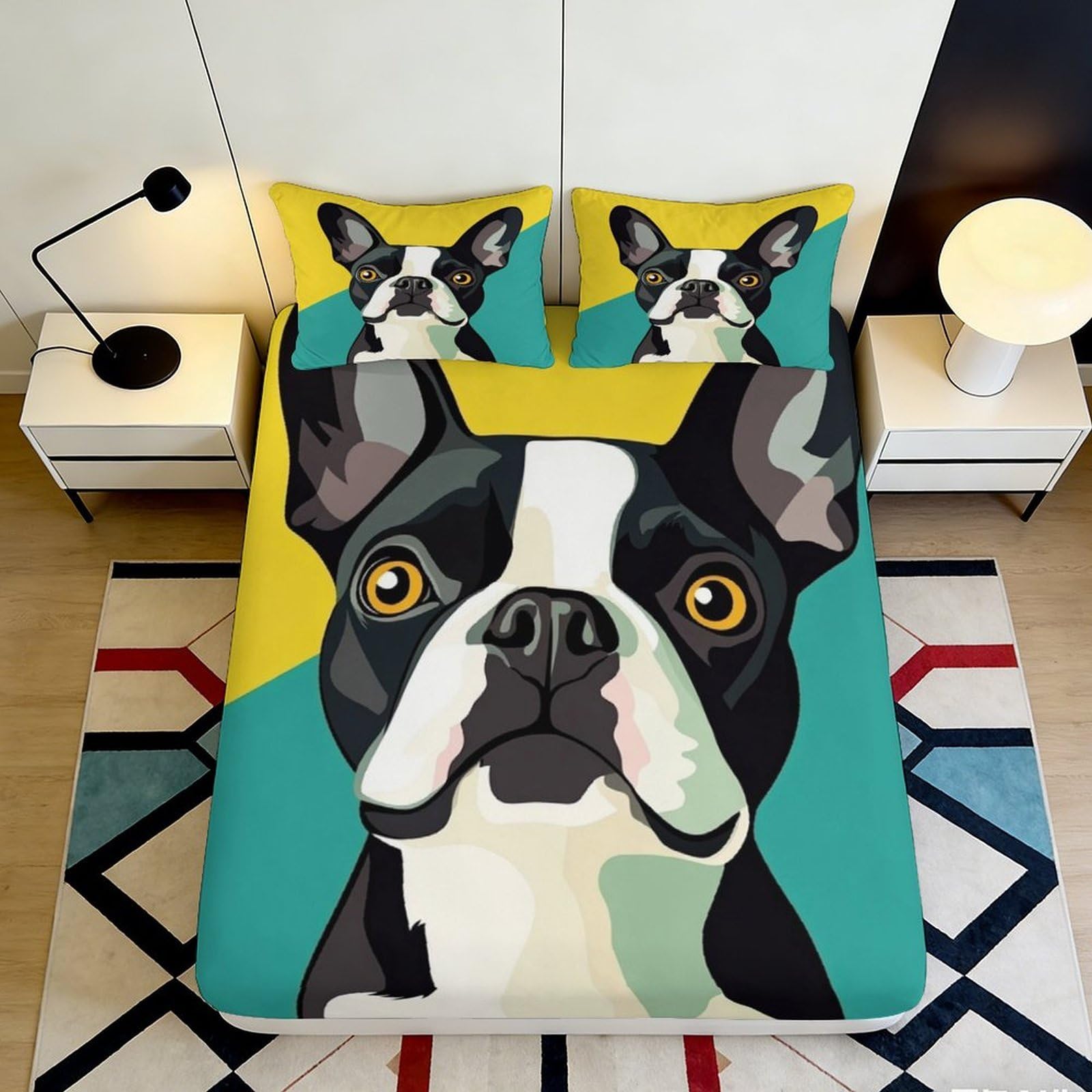 3D Printed Boston Terrier Fitted Sheet Microfiber Soft Breathable Dog Art Bed Cover for Bedroom Dorm Decor 90x200x25cm