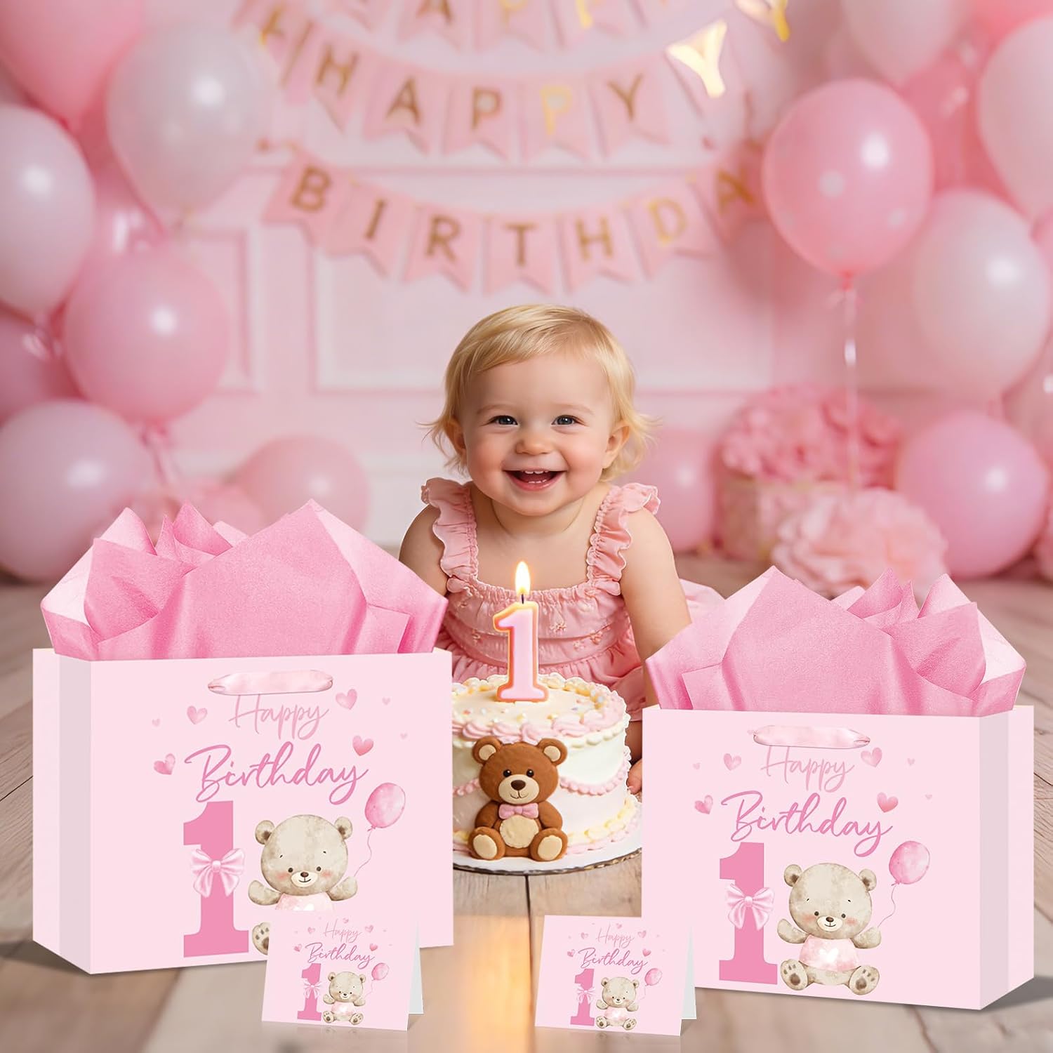 TagreSpike Bear 1st Birthday Gift Bag Pink Teddy Bear Gift Bag with Tissue Paper Large Square First Birthday Wrapping Paper Bag for Girls Newborn Baby Shower First Bday Party Supplies