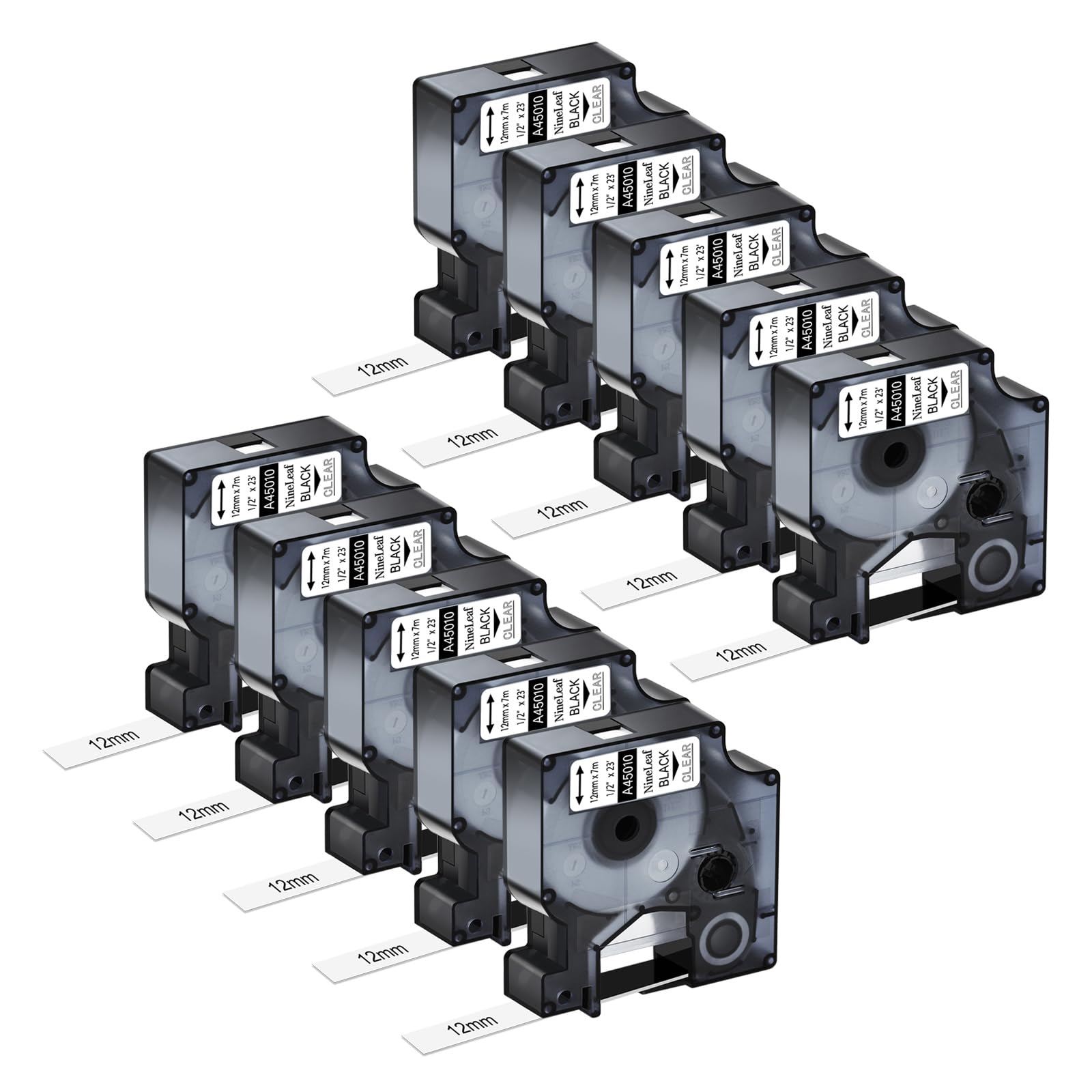 NineLeaf 10 Pack Compatible with Dymo D1 Label Tape 45010 S0720500 A45010 Black on Clear 12mm x 7m for Dymo Label Maker Refills for Dymo LabelManager 160 280 210D 400 360D Label Maker