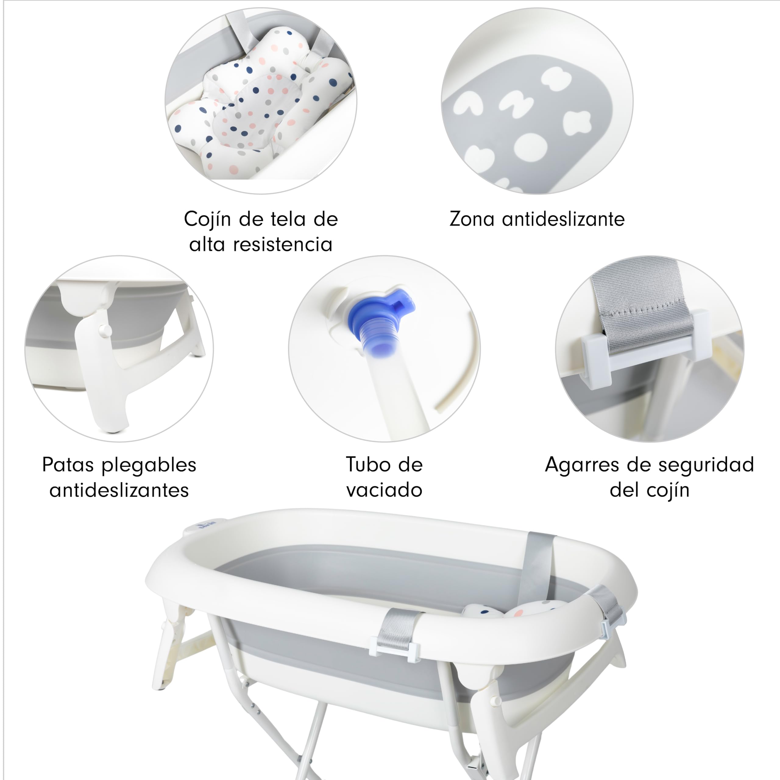 Toral Bañera Bebe con Patas y Cojín Comoda, Facil de Guardar, con Tapón y Patas Antideslizantes - Bañera Bebé Plegable Portatil - Asiento Bañera Bebe modelo Iris