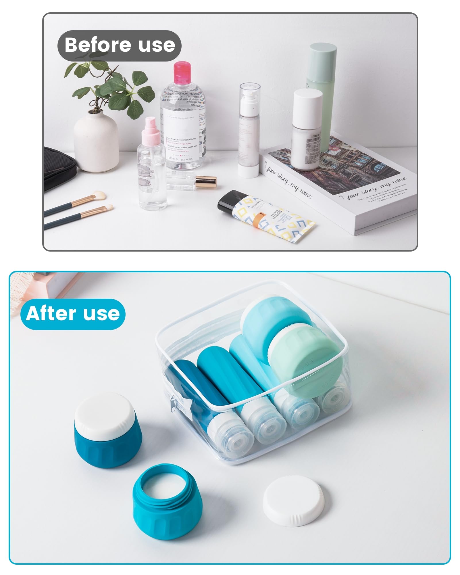 Gemice Reiseflaschen für Toilettenartikel, Reisegröße, Reisegröße, Reisegröße, 90 ml Behälter, Reiseutensilien mit transparenter Tasche, auslaufsichere Silikon-Cremegläser