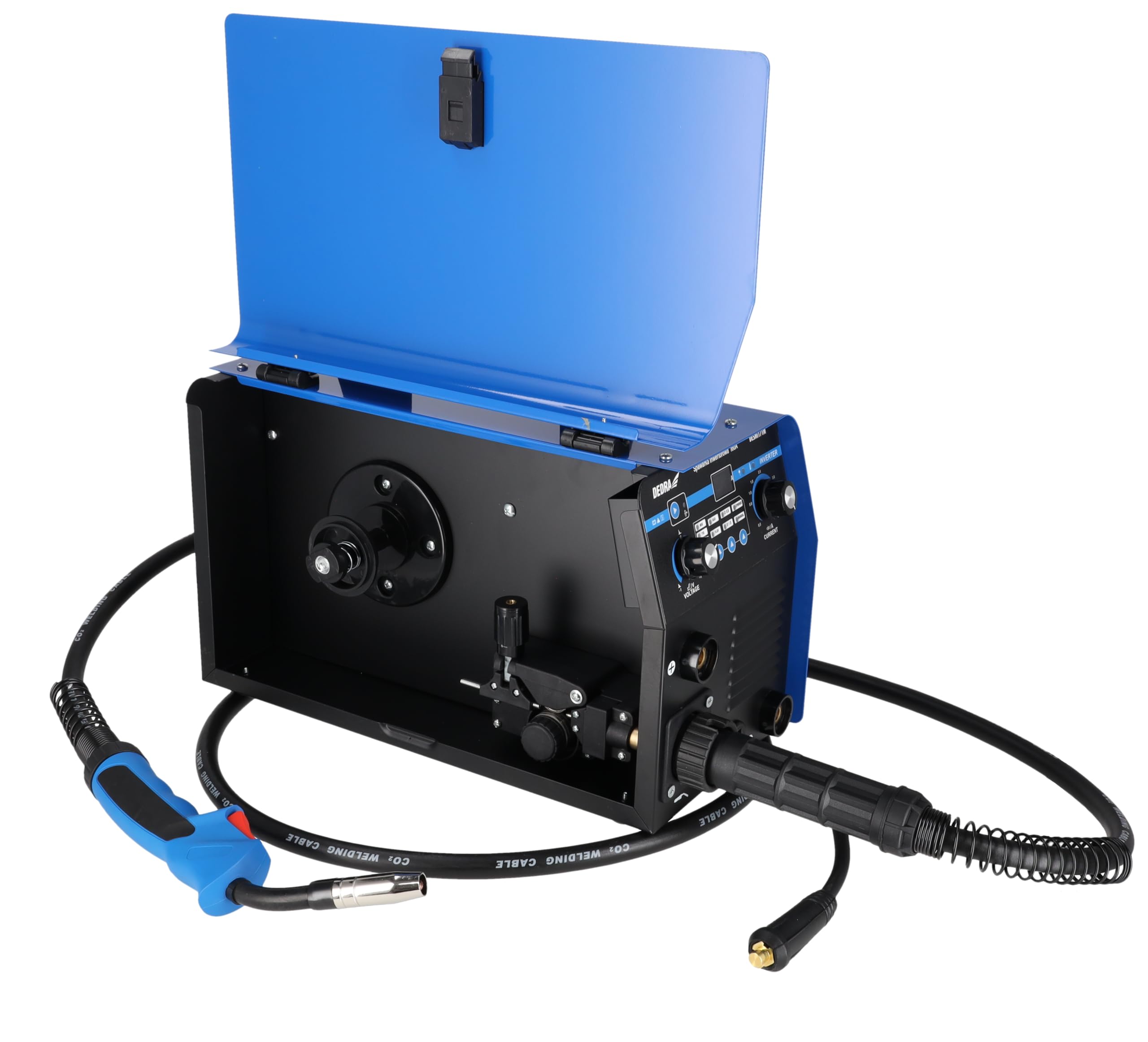 Dedra DESMI171M – spawarka inwertorowa IGBT 3 w 1, MIG/MAG 160 A, MMA/TIG 140 A, LCD, HOT START, ANTI STICK, ARC FORCE, stopień ochrony IP21S – komplet