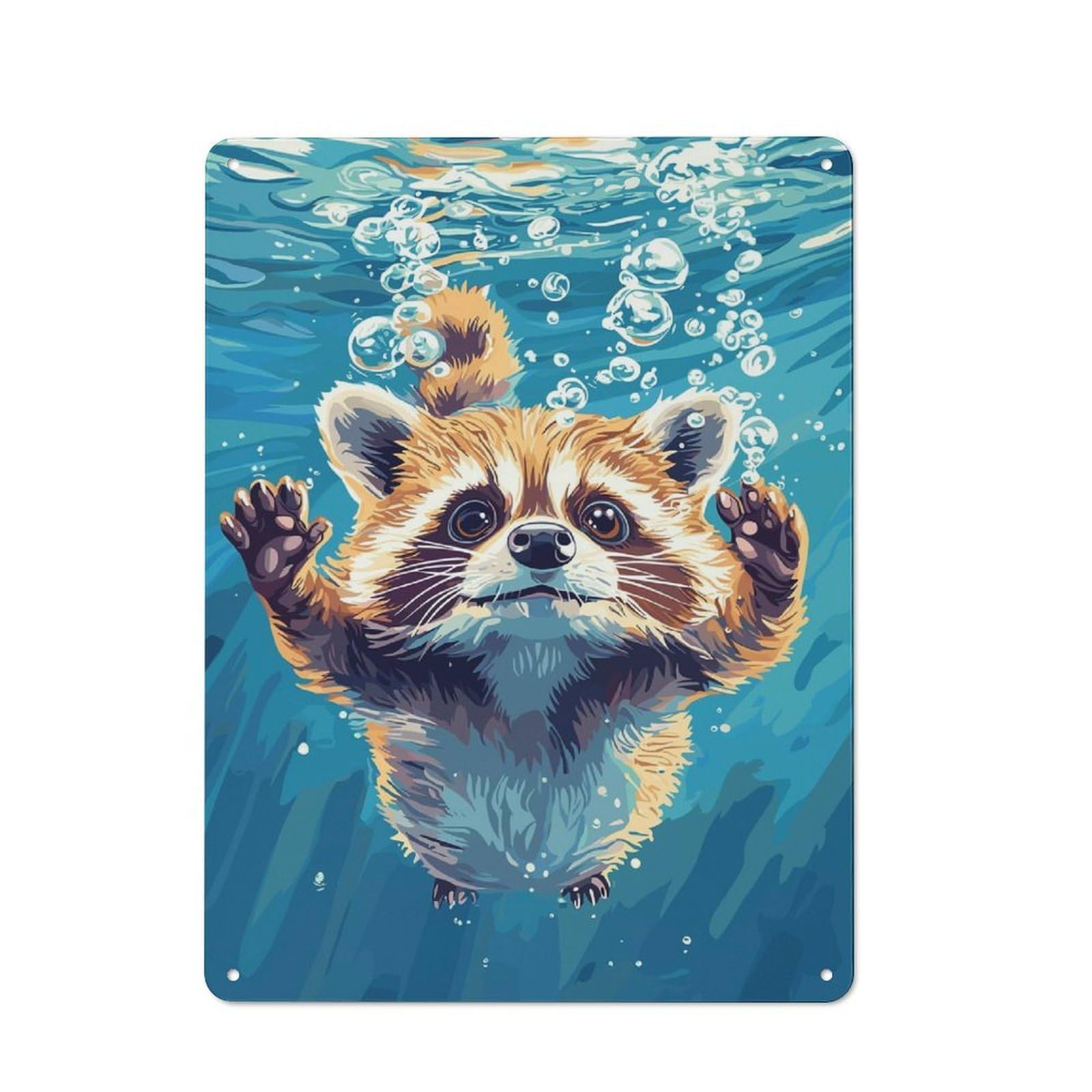Junmoney Style-8 Cartoon Raccoon Swimming Underwater With Bubbles Barn Style Metal Wall Decor 40X30cm, Country Metal Sign For Kitchen, Cottage, Porch Or Garden Room