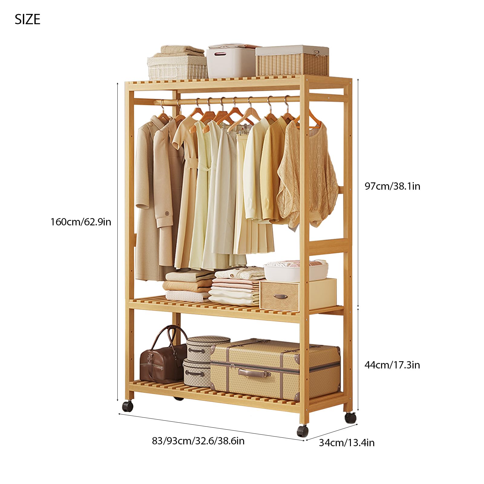 Perchero Burro de Bambú con Ruedas, Perchero de Pie con Barra para Colgar y Estantes Regulables, Organizador de Ropa Móvil para Dormitorio, Salón o Entrada, Largo 83/98 cm