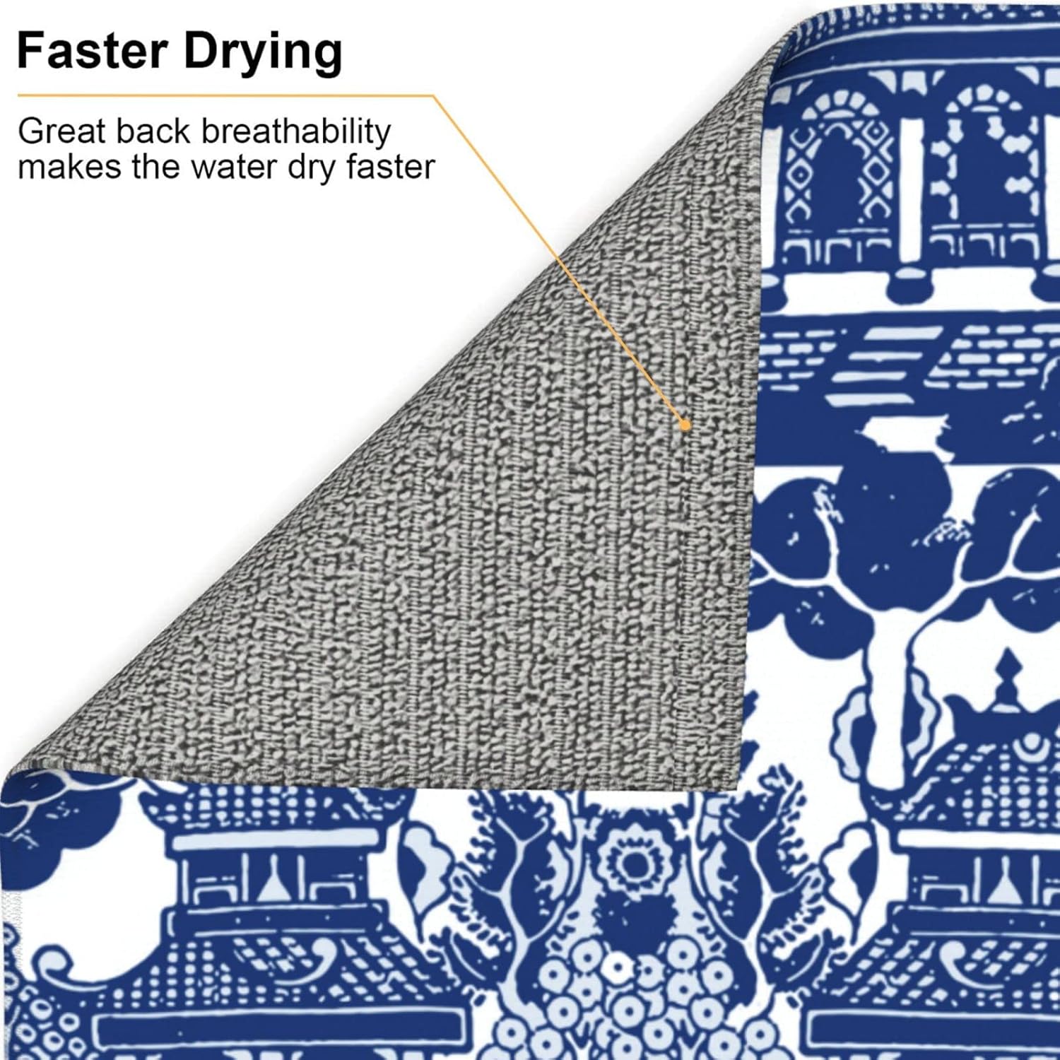 Generic Blue Willow Chinoiserie Porcelain Inspiration Dish Drying Mat For Kitchen, 16" X 18" Rectangular, Absorbent Pad For Counter, Reversible Microfiber Sink Mat, Easy To Clean