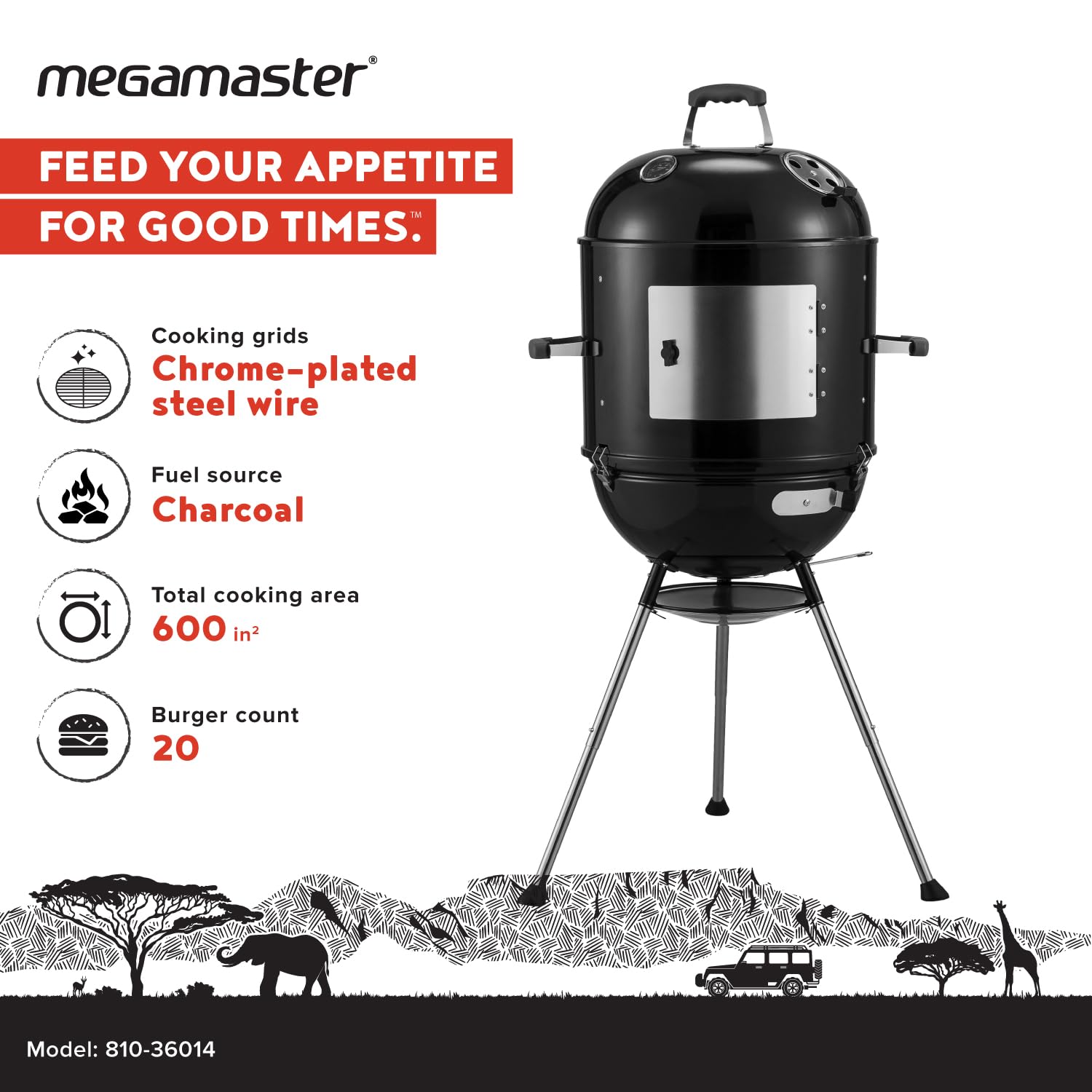 Megamaster 4-in-1 Vertical Smoker & Charcoal Grill with Adjustable Air Vent, Built-In Temperature Gauge, 600 SQ. In Cooking Area, Storage Rack, BBQ Grill for Camping, Picnics, and More - 810-36014