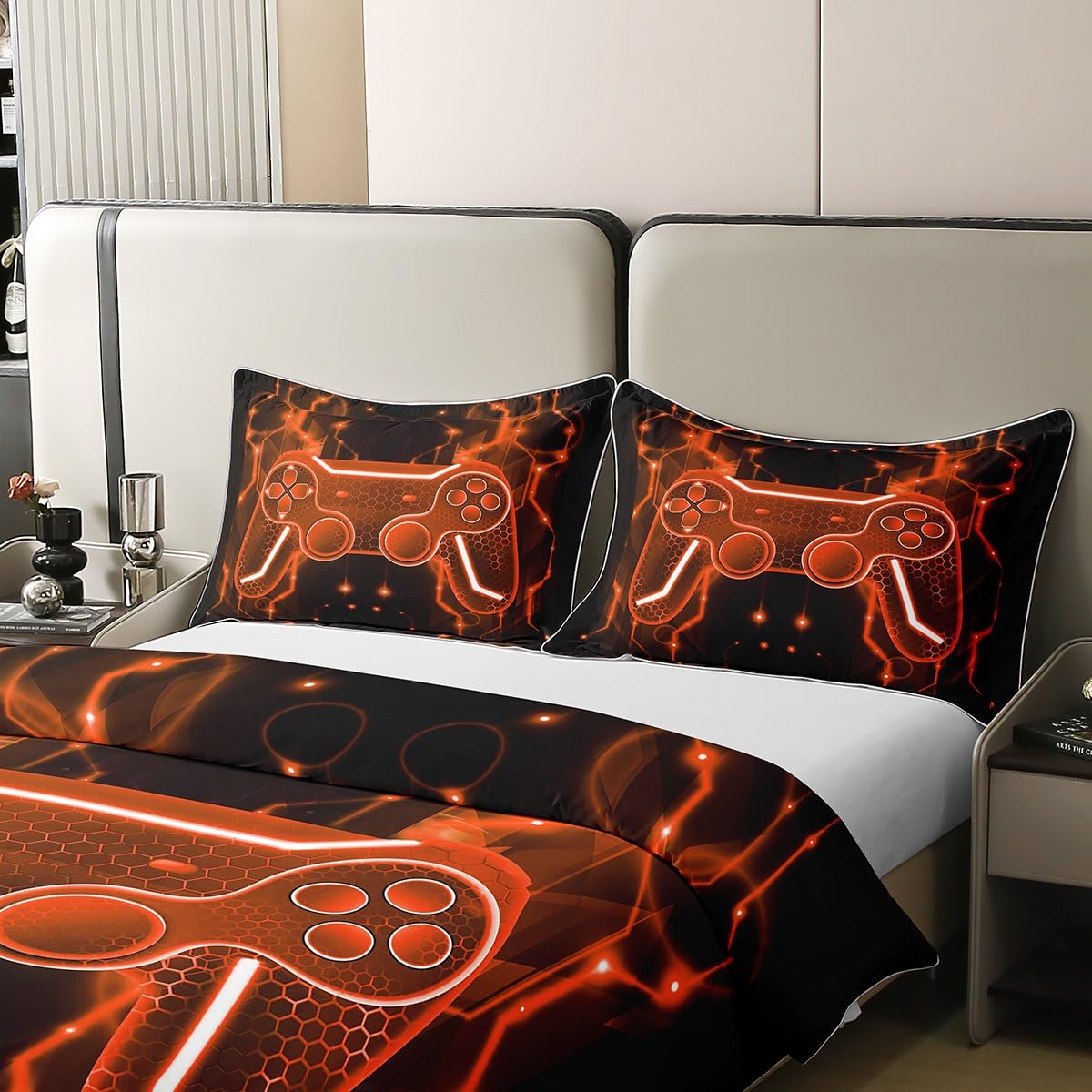 Homemissing Gamer Duvet Cover 100% Cotton King Size Game Controller Comforter Cover Set Adults Gaming Bedding Set Game Room Decor Orange Black Bedspread Cover Room Decor 3Pcs With 2 Pillow Case - Image 4