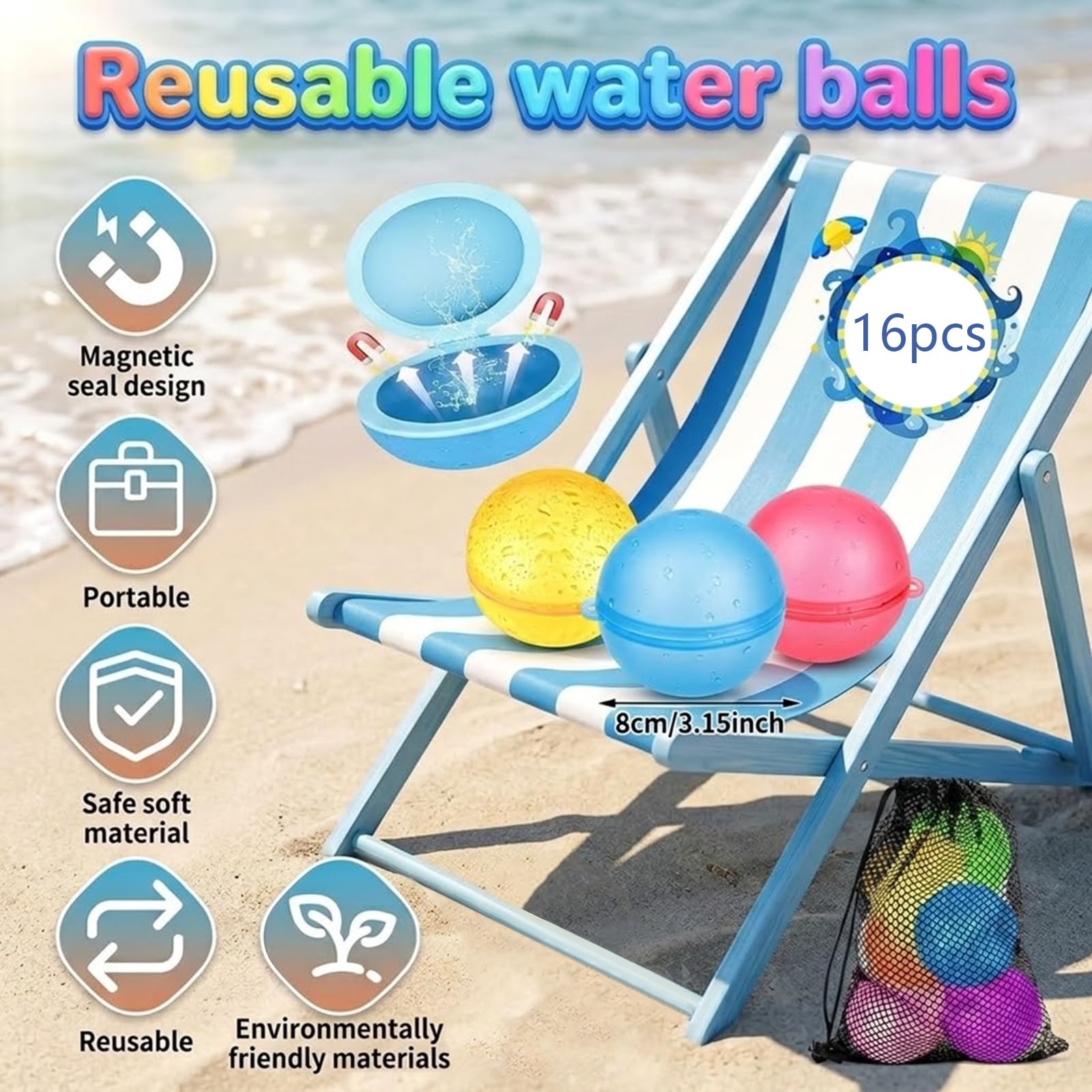 Wiederverwendbare Wasserbomben mit Netzbeutel, 16 Stück Silikon Wasserbomben Selbstschließend,Magnetisch, Wiederverwendba für Wasserspielzeug Pool Spielzeug Strandspielzeug,für Kinder & Erwachsene