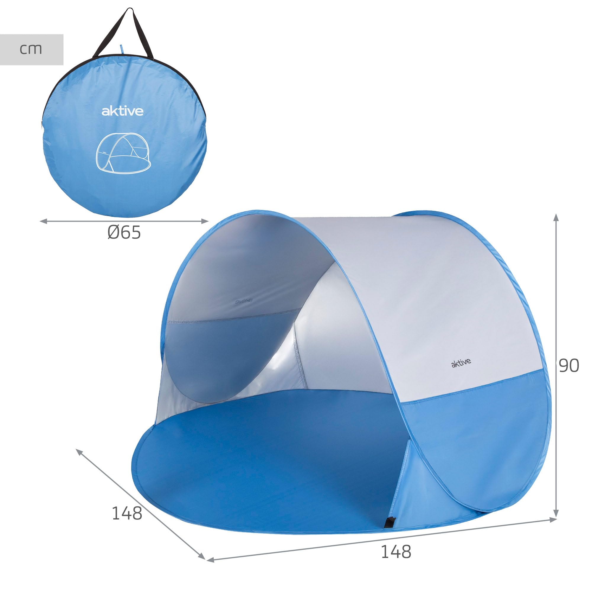 AKTIVE Tienda Playa Pop up, Azul, 148x148x90 cm, Revestimiento Plateado, Protección UV50, Incluye 4 piquetas, Poliéster, Paravientos Plegable, Bolsa Transporte, Refugio Pesca (62529)