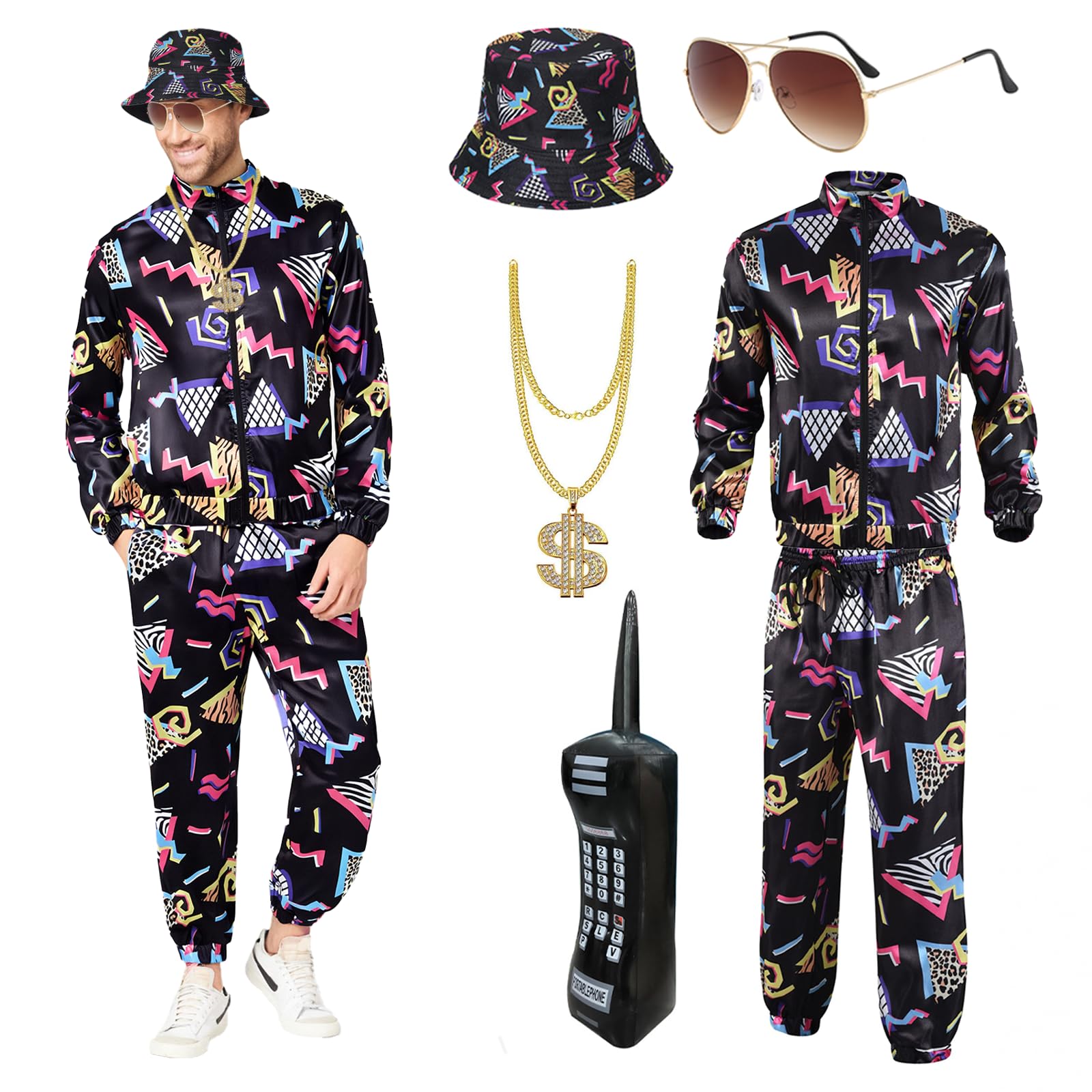 80s 90s Fancy Dress Men with Accessories, Retro 80s 90s Hip Hop Outfit for Adults, 80s Fancy Dress Set with 1 Sportswear Shirt Pant Hat Necklace Balloon Glasses, for 80s Party Carnival Rave (L)