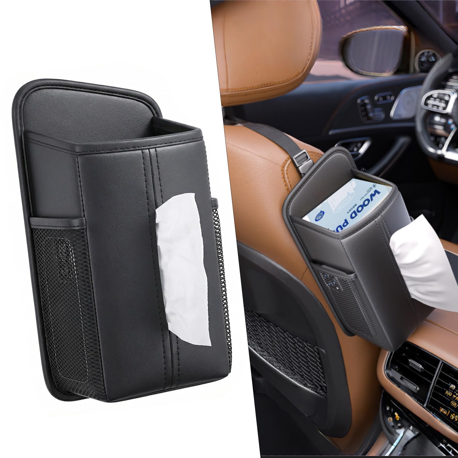 Yousimei 車用テッシュケース 箱ごと入る シートサイド ティッシュホルダー 車 車内収納ボックス ティッシュボックス ヘッドレスト取付 PUレザー 吊り下げ 多機能 全車種対応 取り付け簡単 おしゃれ 車内整理 カーアクセサリー 32.5×15.5×10cm