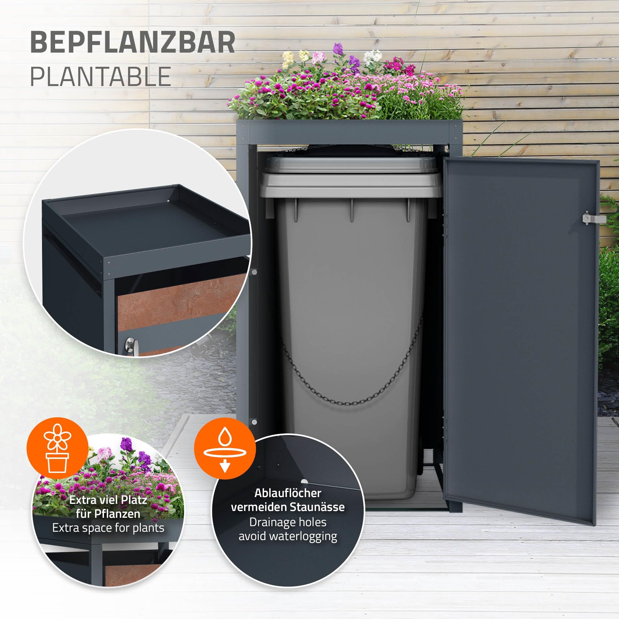 ML-Design Box pour 1 Poubelle avec Toit Végétal, jusqu'à 240L, 68x80x124 cm, en Acier, Anthracite/Aspect Rouillé, Résistant aux Intempéries, Habillage de Poubelle Verrouillable, Conteneur Abri Hangar