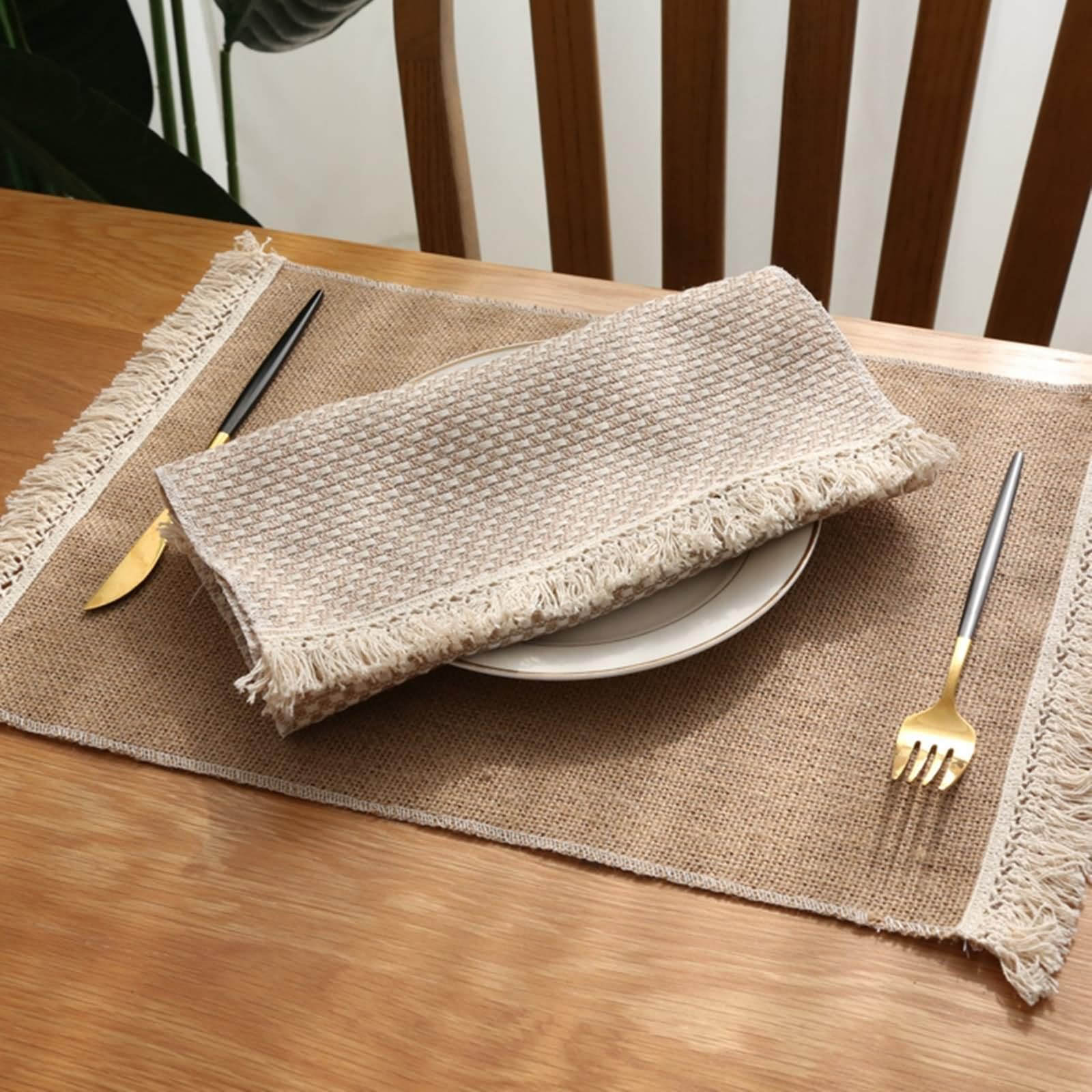 10er Set Platzset Weihnachten Edel, Tisch Untersetzer Braun 30x45cm Einfarbig mit Quaste Baumwoll Leinen