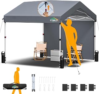 COBIZI 10x10 Pop Up Canopy with One Button Push Center Lock, Portable Carport with 1 sidewall, 10x10 Carport for Parties, Commercial, Events, Waterproof, UPF 50+, Grey