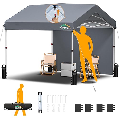 COBIZI 10x10 Pop Up Canopy with One Button Push Center Lock, Portable Carport with 1 sidewall, 10x10 Carport for Parties, Commercial, Events, Waterproof, UPF 50+, Grey