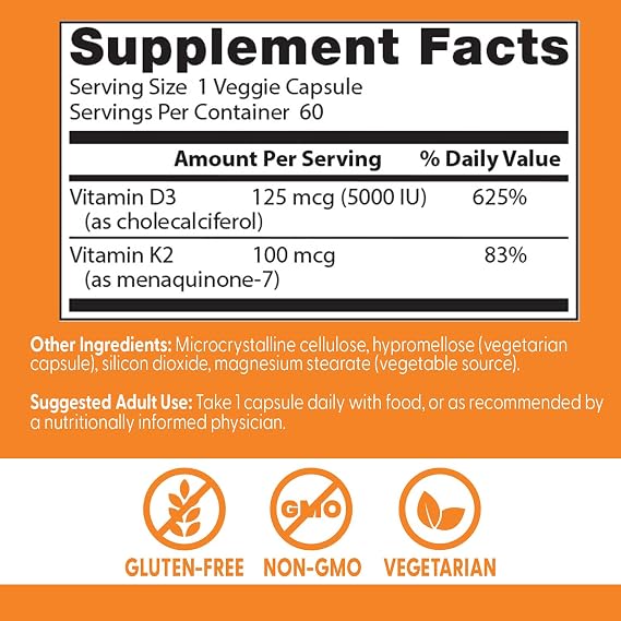 Doctor's BEST Vitamin D3 and K2 Supplement, for Men & Women, 60 Veg Caps