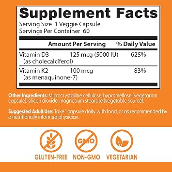 Doctor's BEST Vitamin D3 and K2 Supplement, for Men & Women, 60 Veg Caps