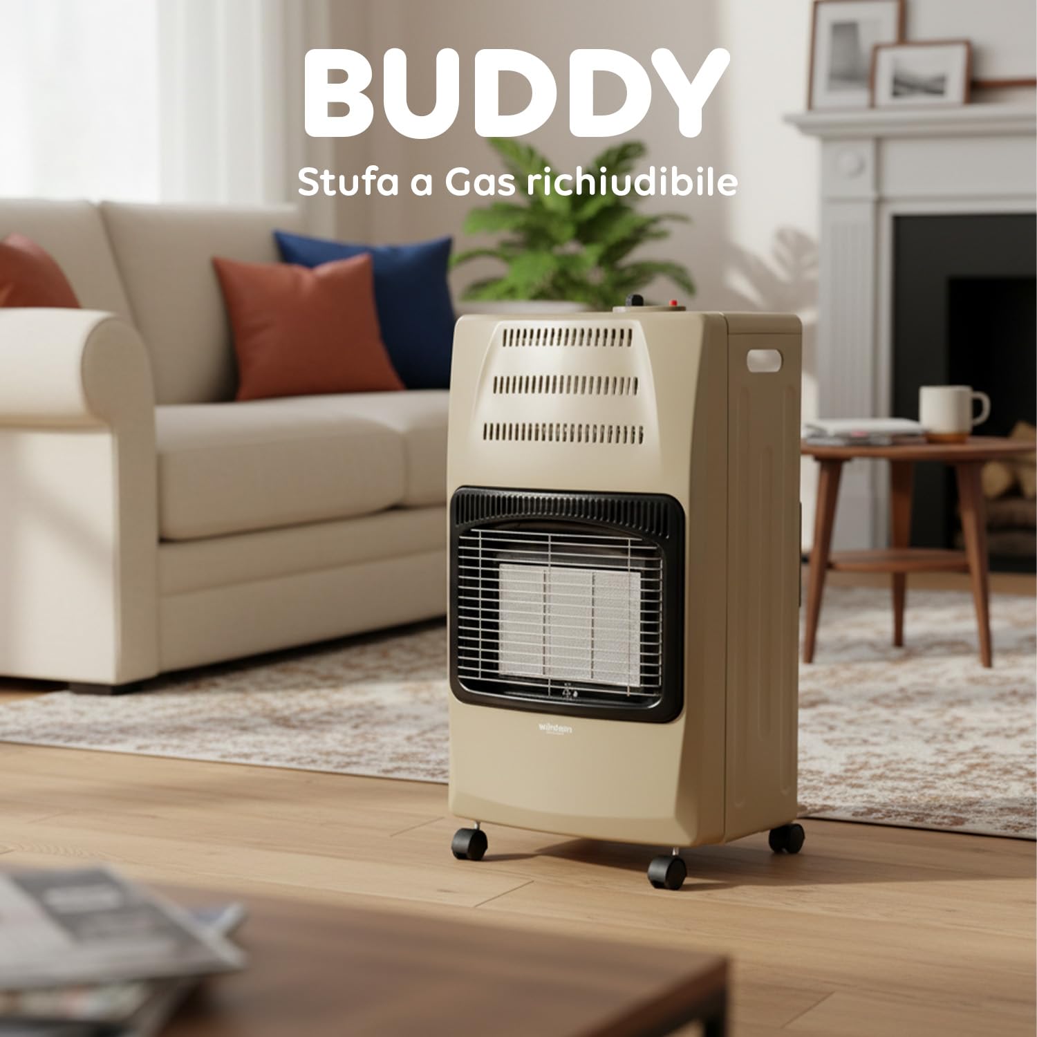 Wintem - Stufa a Gas Richiudibile 4200W con 3 Livelli di Riscaldamento, Accensione Piezoelettrica e Vano Porta-Bombola da 15Kg, Compatta e Facile da Riporre (Beige)