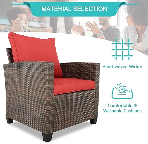 Miniatura 5 de Juego de muebles de patio de ratán para exteriores, juego de conversación seccional para exteriores de 3 asientos, 2 sillas individuales y 2