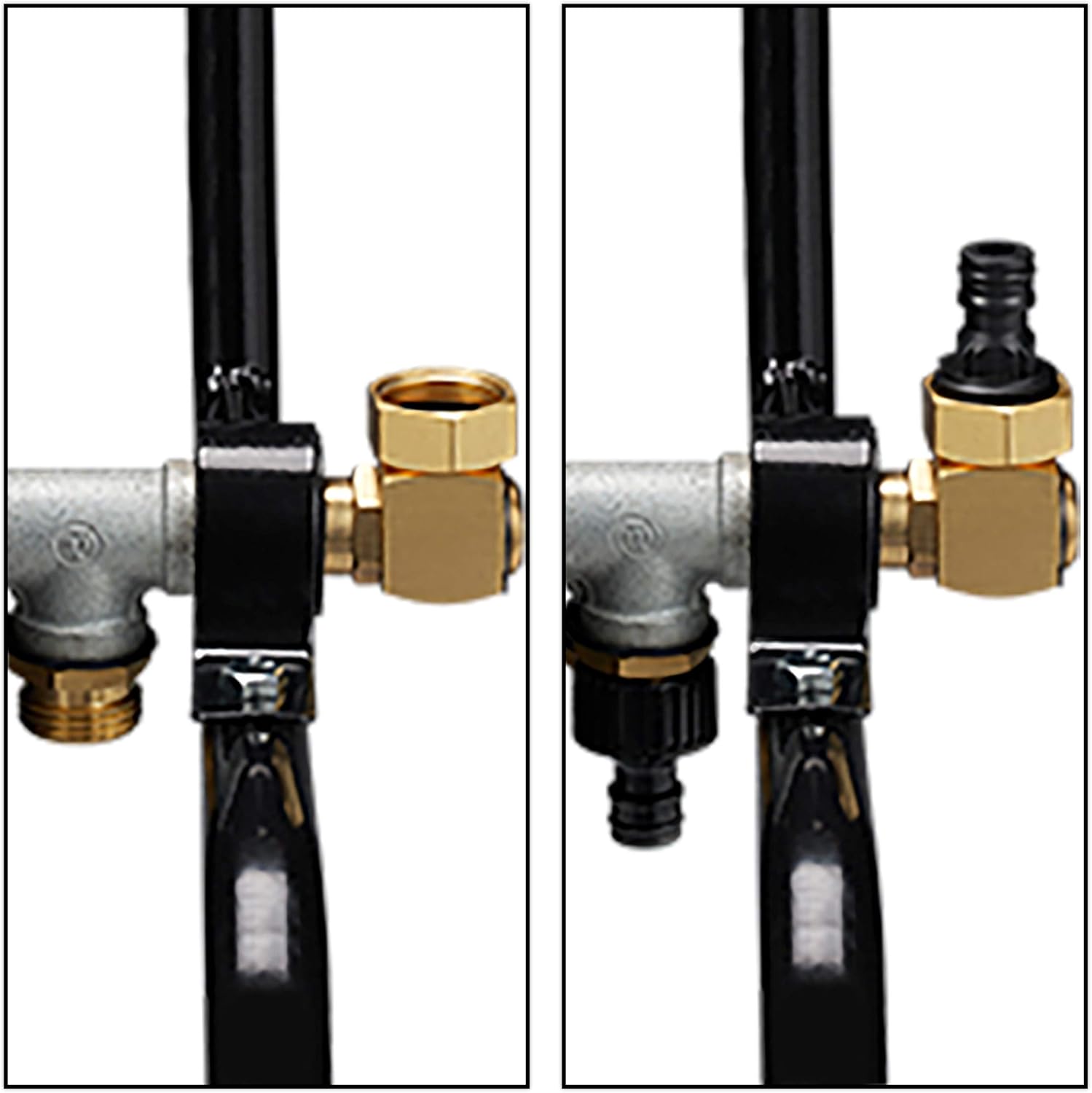 Close-up of the hose cart's 1/2 inch and 3/4 inch connectors