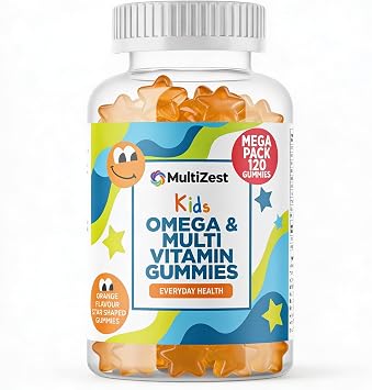 Omega 3 and Multivitamin for Children, 120 Gummies for Kids - Orange Flavour- 9 Essential Vitamins + Minerals, Vitamin C D A & B Vitamins for Children - Pack of 120 Chewable Vitamins - by Club Vits