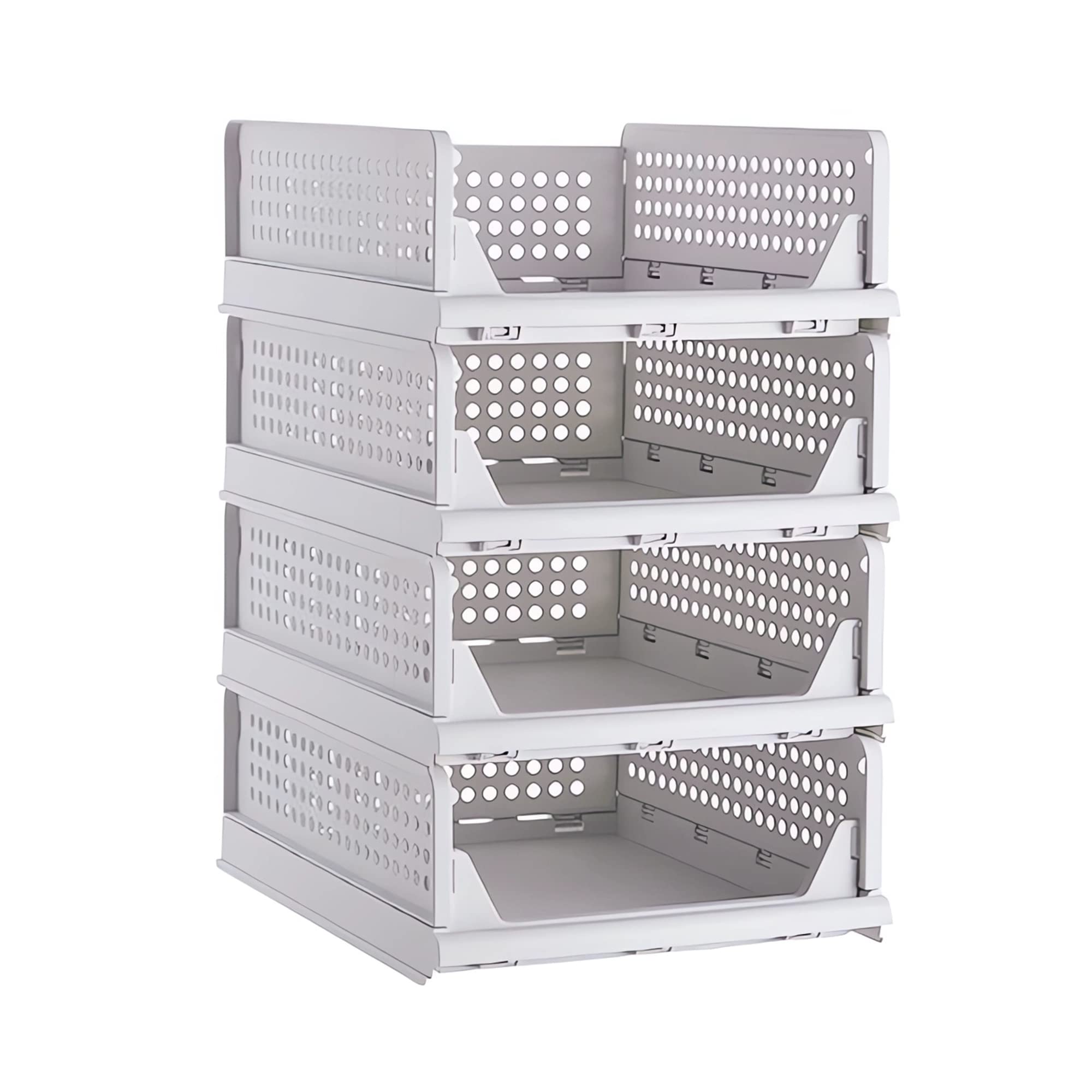 WDPUCHU Stackable Plastic Storage Basket-Foldable Closet Organizers and Storage Bins - Drawer Shelf Storage Container for Wardrobe Cupboard Kitchen Bathroom Office (White Small-4 Pack)