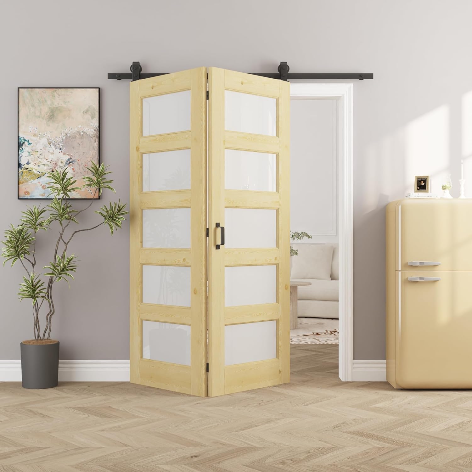 60" x 80" Pre-Assambled Bifold Barn Door with 64" Track Hardware Kit Included, Pine Wood 5 Panels Bi Fold Barn Doors, Sliding Closet Door with Excellent Sound Insolution, Easy to Clean, Energy Saving