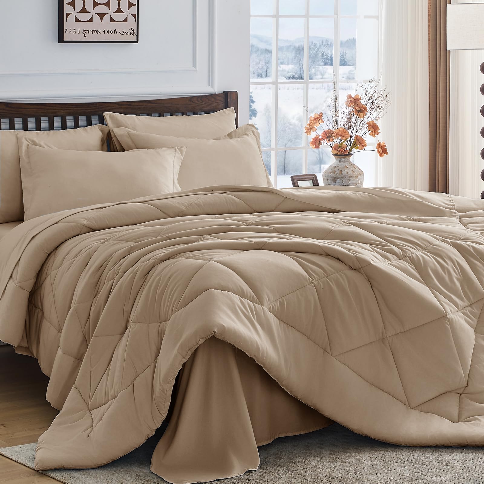HEVUMYI Khaki King Comforter Set - 7-Piece All Season Bed in a Bag King, Ultra Soft Bedding Set with Comforter, Flat Sheet, Fitted Sheet, Pillowcases,