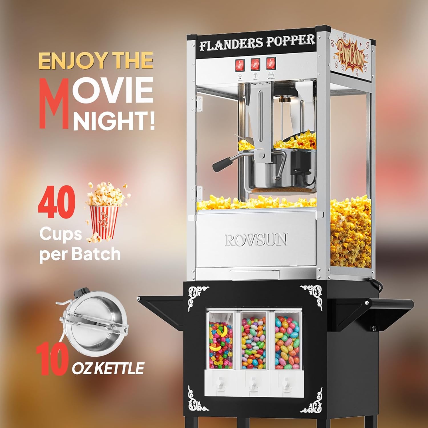 Bonnlo Popcorn Machine Cart with 10 Oz Kettle Makes Up to 40 Cups and Warming Light, Movie Theater Style Popcorn Maker with Candy Dispenser, Stainless Steel, Black