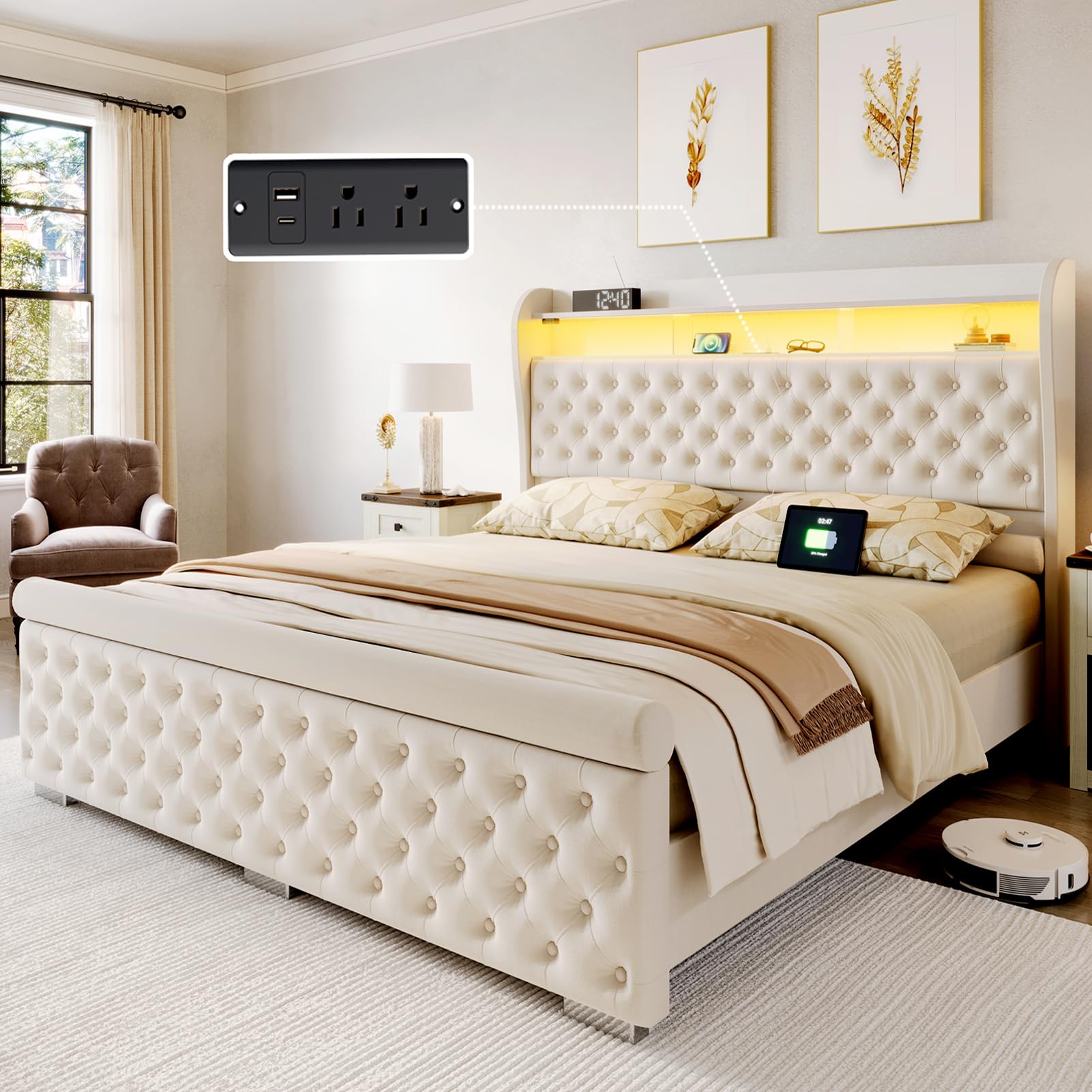 King Size Bed Frame with Storage and Charging Station 50 6 Tall Velvet Upholstered Sleigh Bed with Wingback