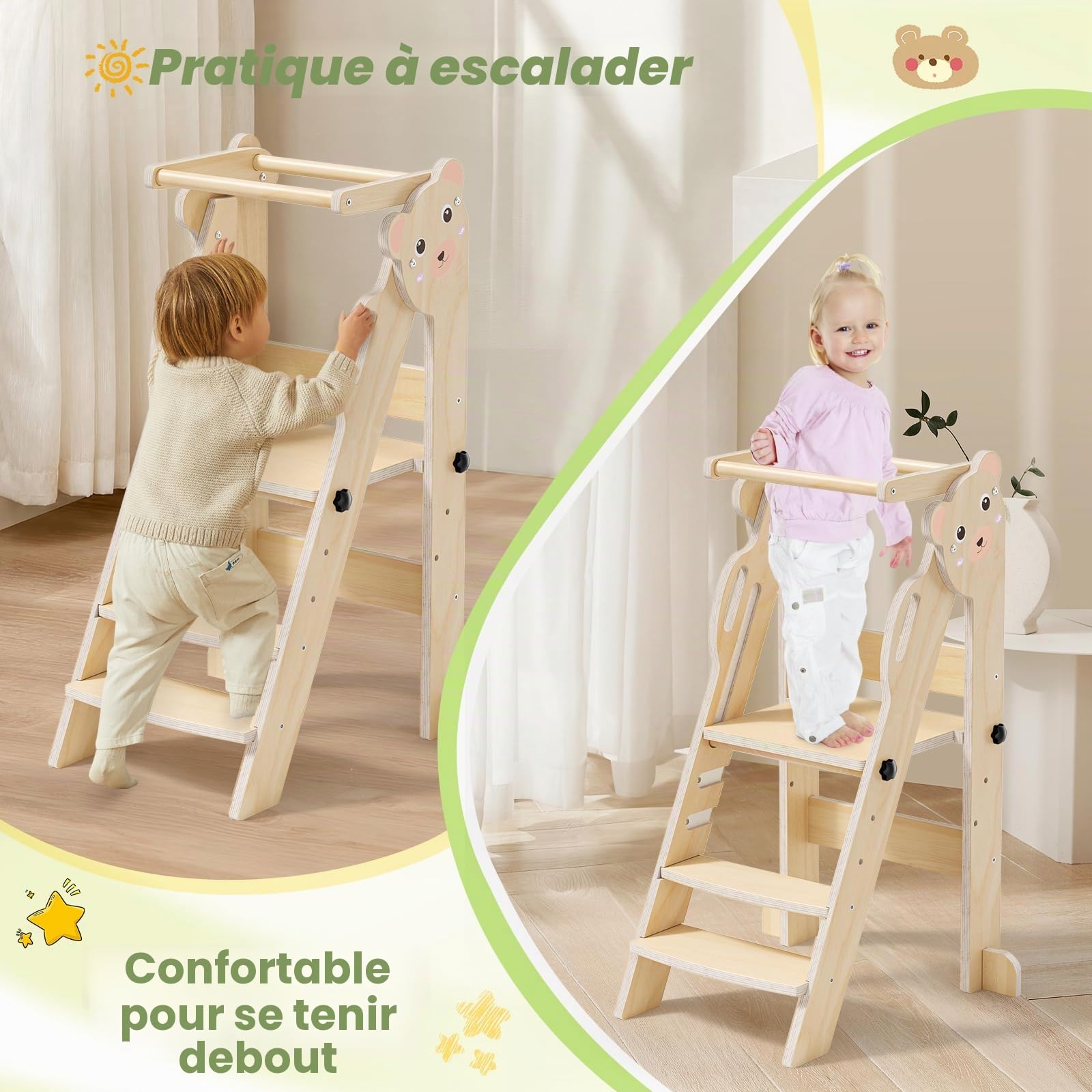 Tour pliable pour tout-petits - Tour d'apprentissage pour enfants - Réglable pour 18 mois à 5 ans - Conçue pour la sécurité