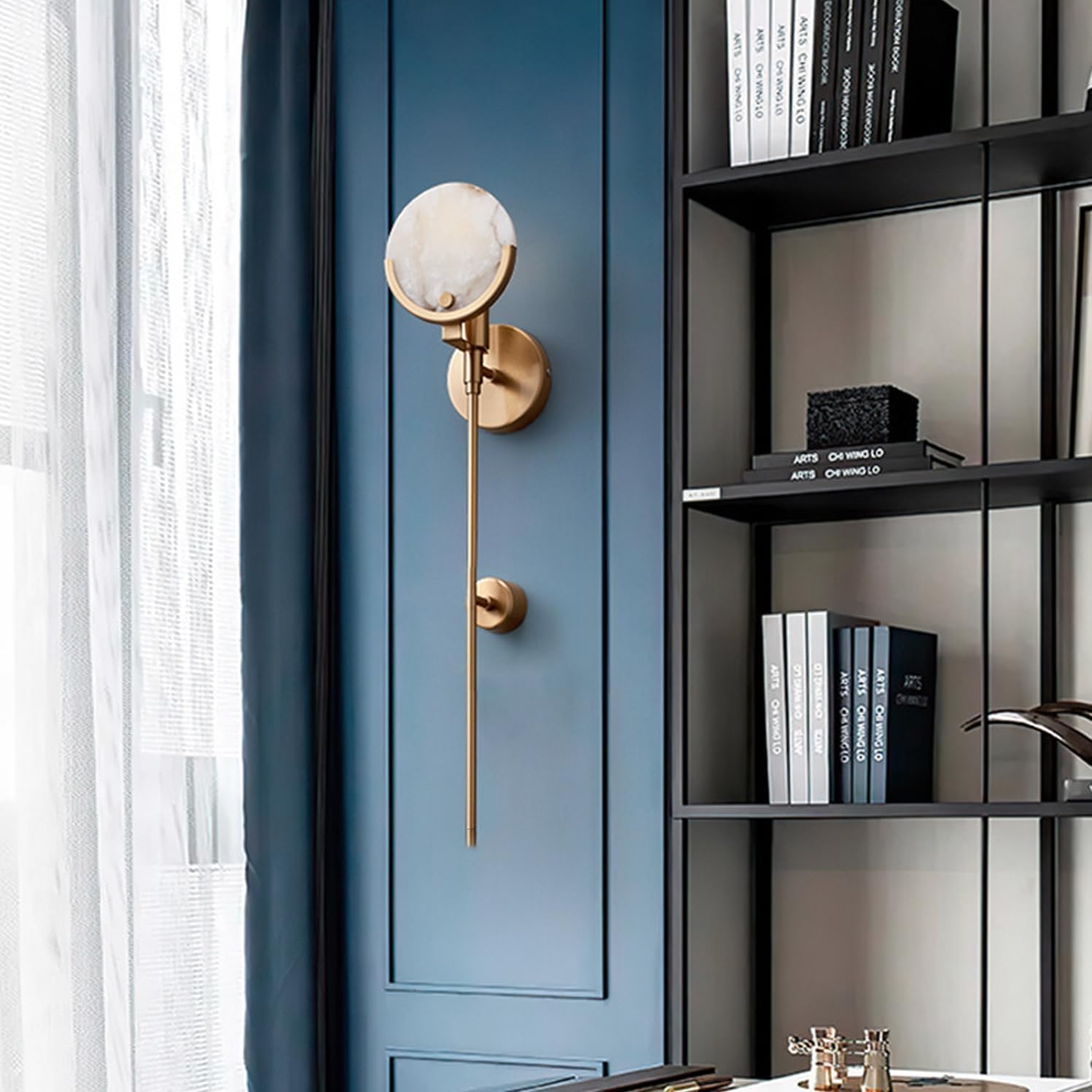 Alabaster Wall Sconces 23.6" Mid Century Modern Wall Light Brass Double Discs Natural Marble Sconce Wall Decor Gold Wall Lamp for Living Room Bedroom Hallway Entryway (E12 Bulb Included)