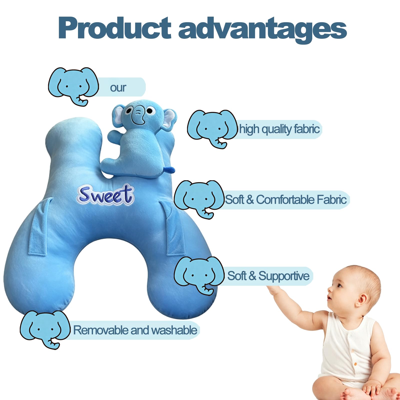 Devineresse Cuscino da viaggio per bambini, forma H, con supporto laterale, rimovibile, cuscino per dormire in auto, in viaggio, in velluto con elefante