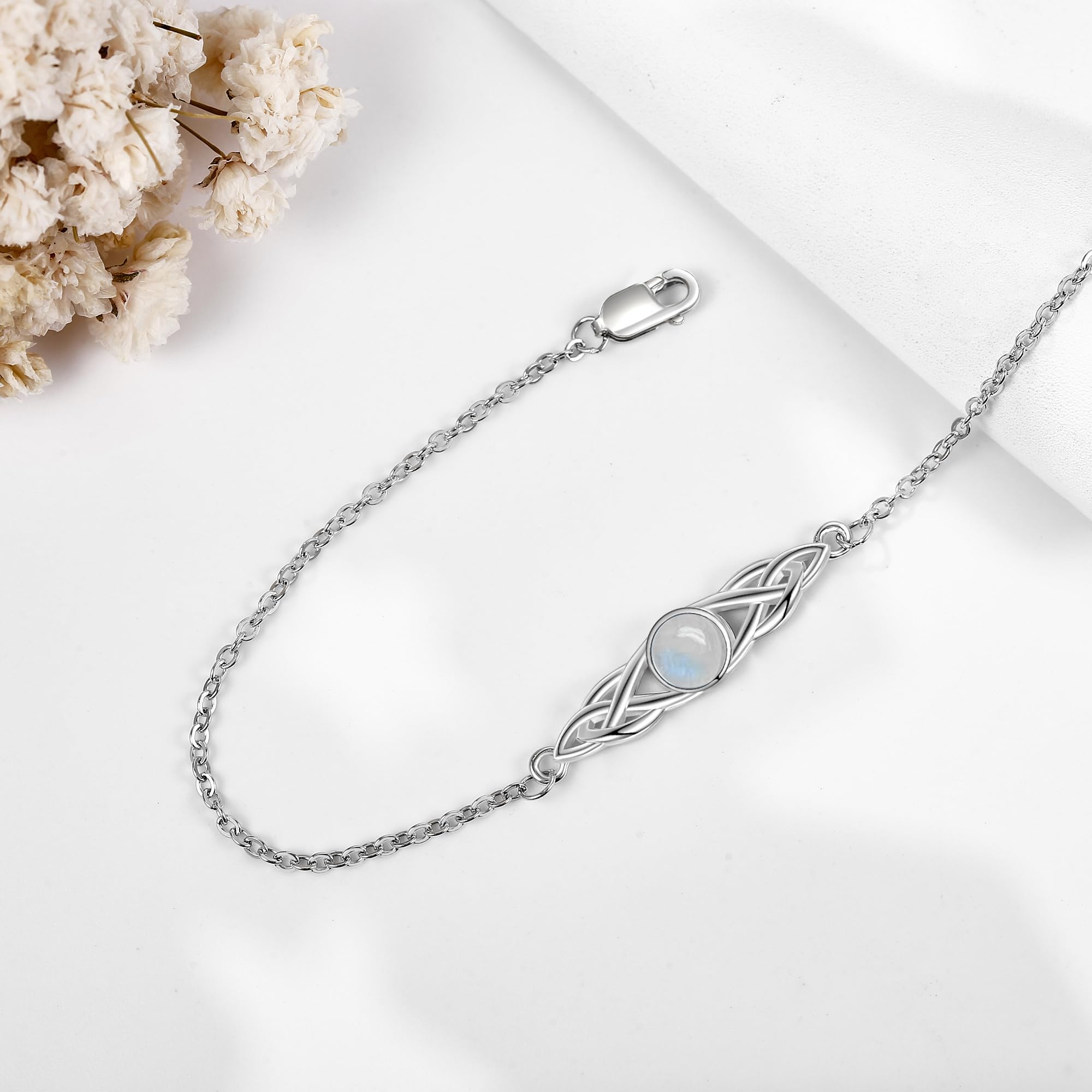POPLYKE 925 Sterling Silber Keltische Armbänder Damen Irish Mondstein Larimar Moosachat Armband Knoten Viking Edelstein Mondstein Schmuck