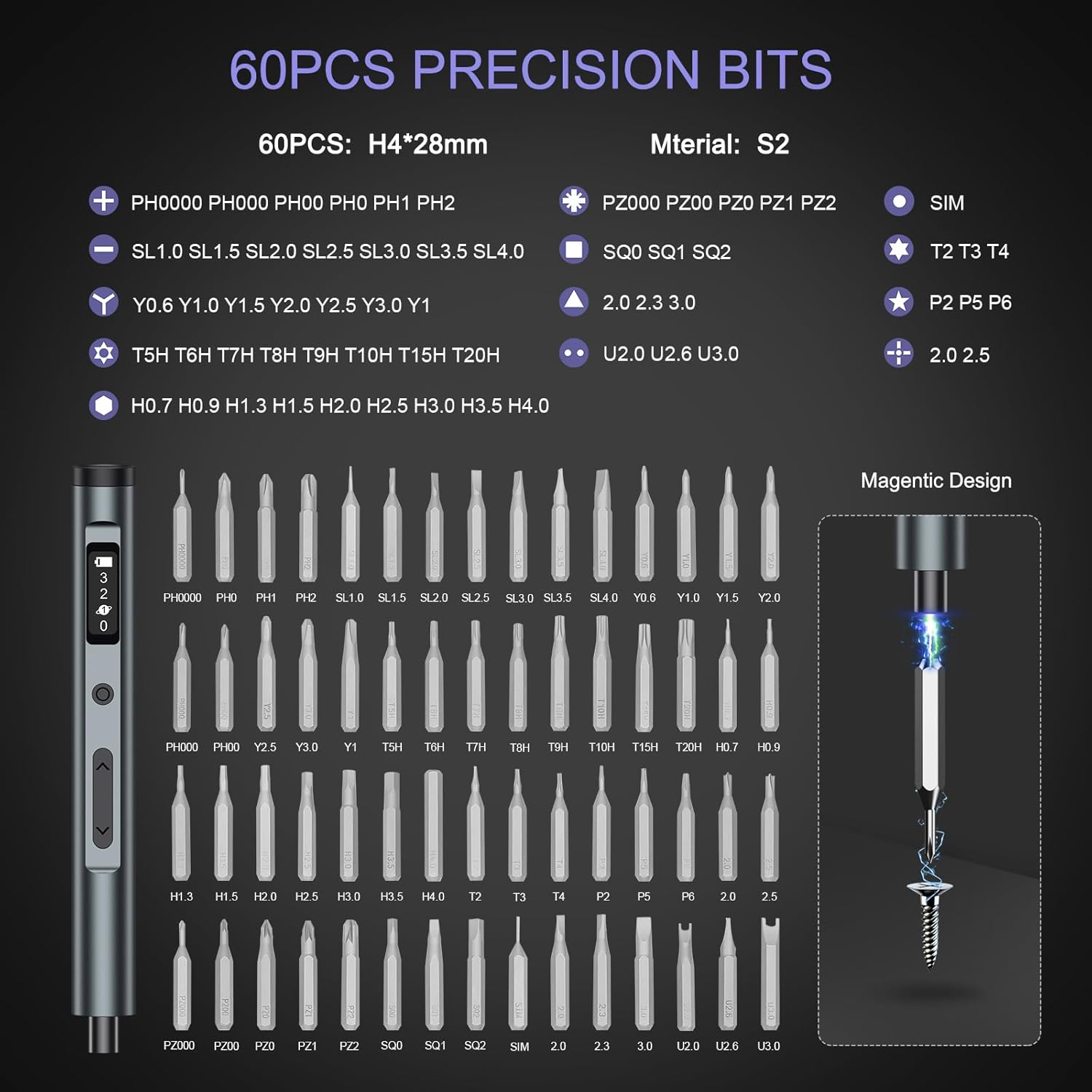 JXTZ Electric Screwdriver Set, 60 in1 Precision Screwdriver Kit with Magnetic Bits, OLED Screen, 3 torque, Repair Tool with Magnetic Storage for Repairing Toy Electronics Phone Camera Laptop Watch